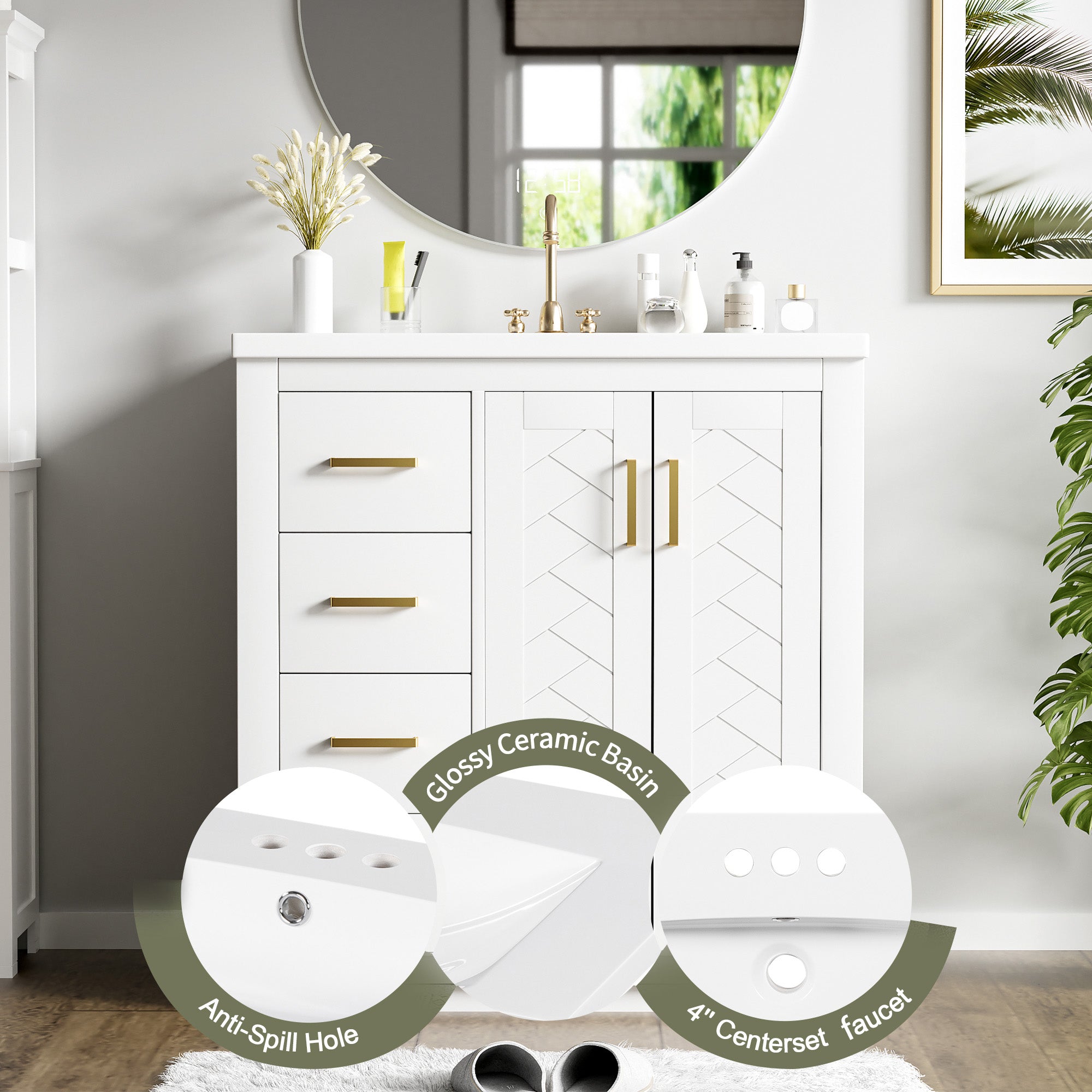 Bathroom vanity ceramic sink combo, side profile of solid wood cabinet