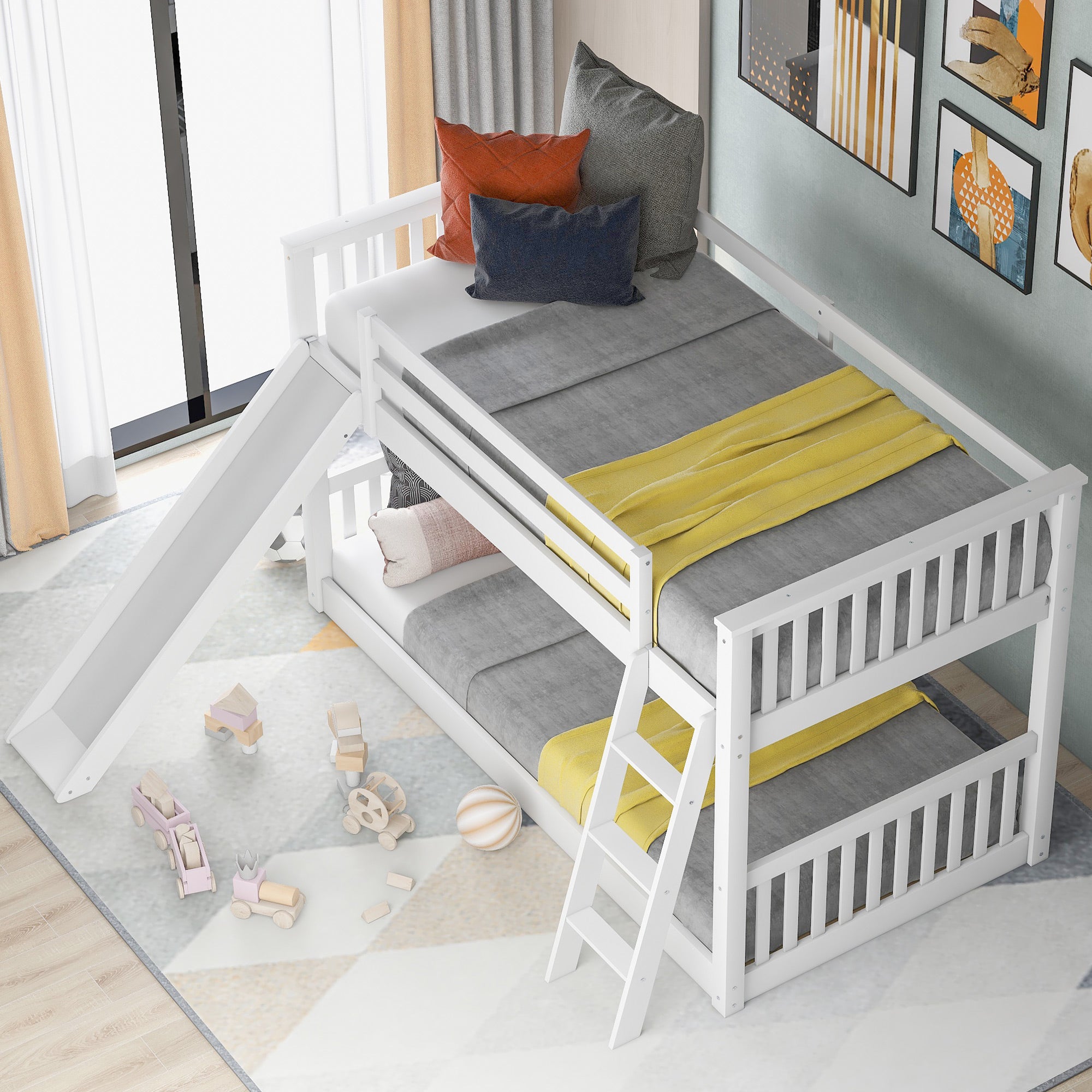 Twin over twin white bunk bed slide detail view