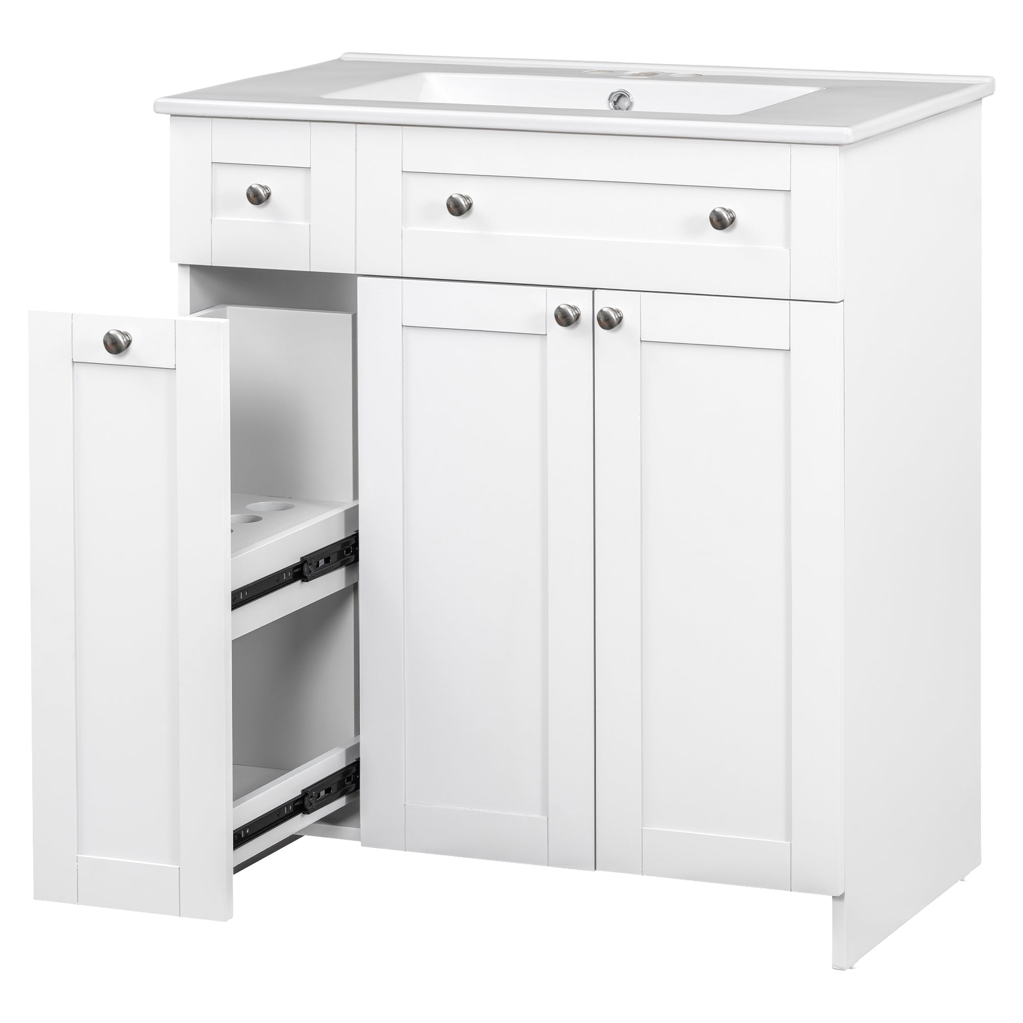 30-Inch White Bathroom Vanity with Ceramic Sink Combo, Abundant Storage Cabinet - 2 Soft close Doors and Double-tier Deep Drawer