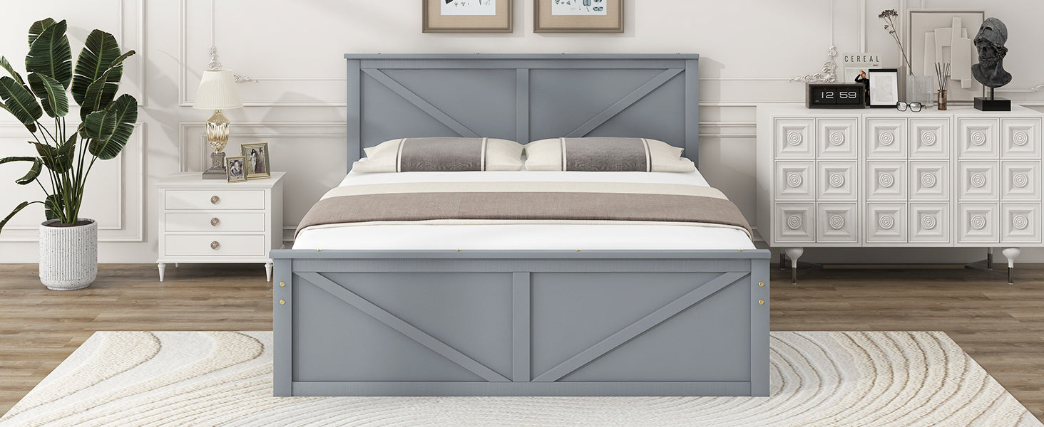 Queen Size Wooden Platform Bed with Four Storage Drawers and Support Legs, Gray