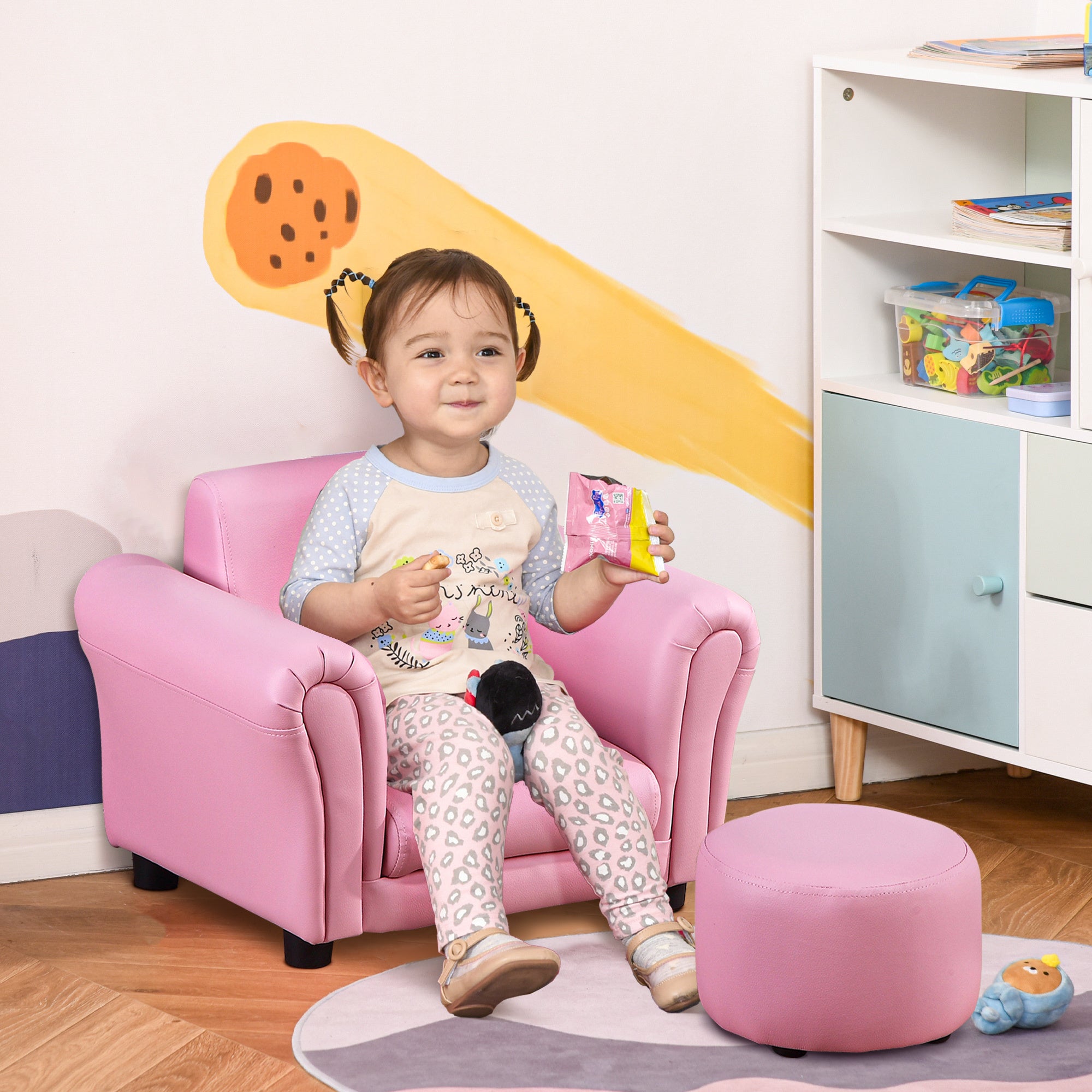 Kids Sofa Set with Footstool, Upholstered Armchair for Kids 18M+, Baby Sofa for Playroom, Children's Bedroom, Nursery Room, Pink