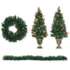 HOMCOM Prelit Holiday Christmas 4-Piece Set, Garland Wreath and Set of 2 Entrance Trees with Warm White LED Lights, Red Berries, Pine Cones, Green