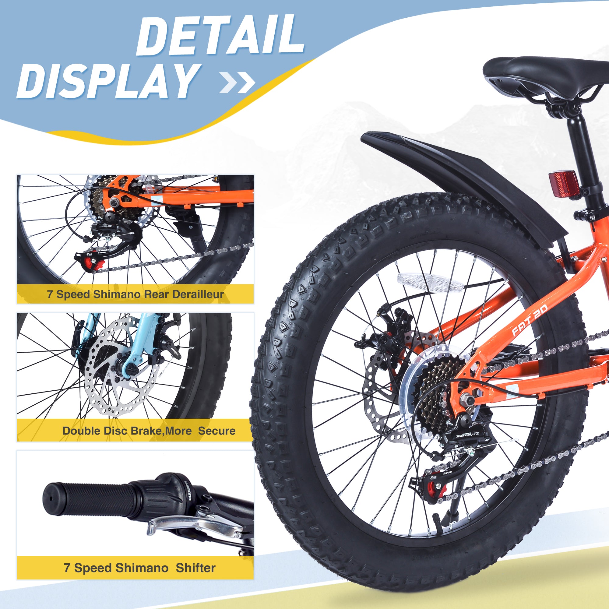 24 Inch Bicycles , Fat Tire Mountain Bike for Boys and Girls Age 10 + Years ,Dual-Disc Brake,Shimano 7-Speed ,Kids Beach and Snow Bicycle