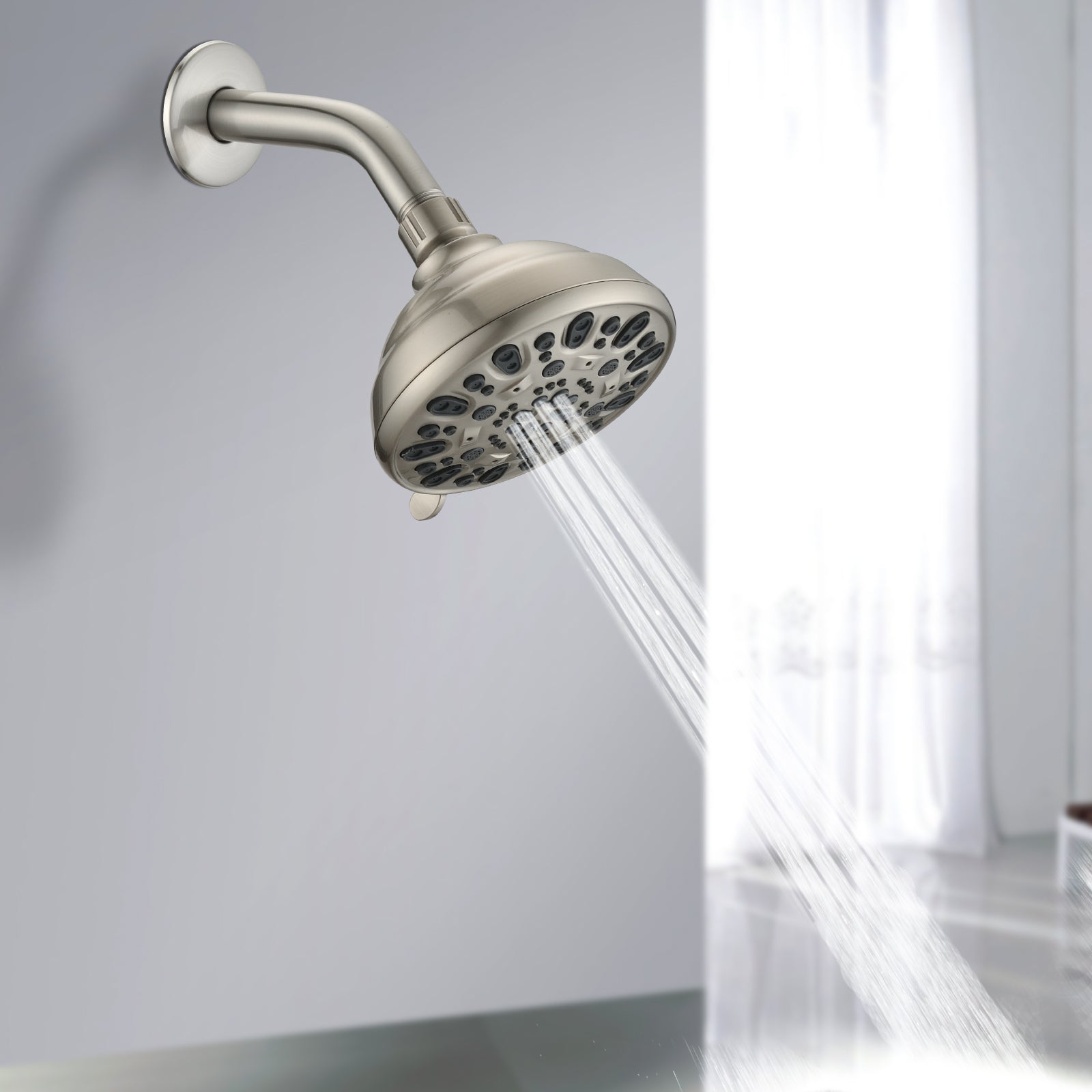 Brushed nickel high pressure 6-setting 4" shower head - Angle adjustable, clog-proof shower head