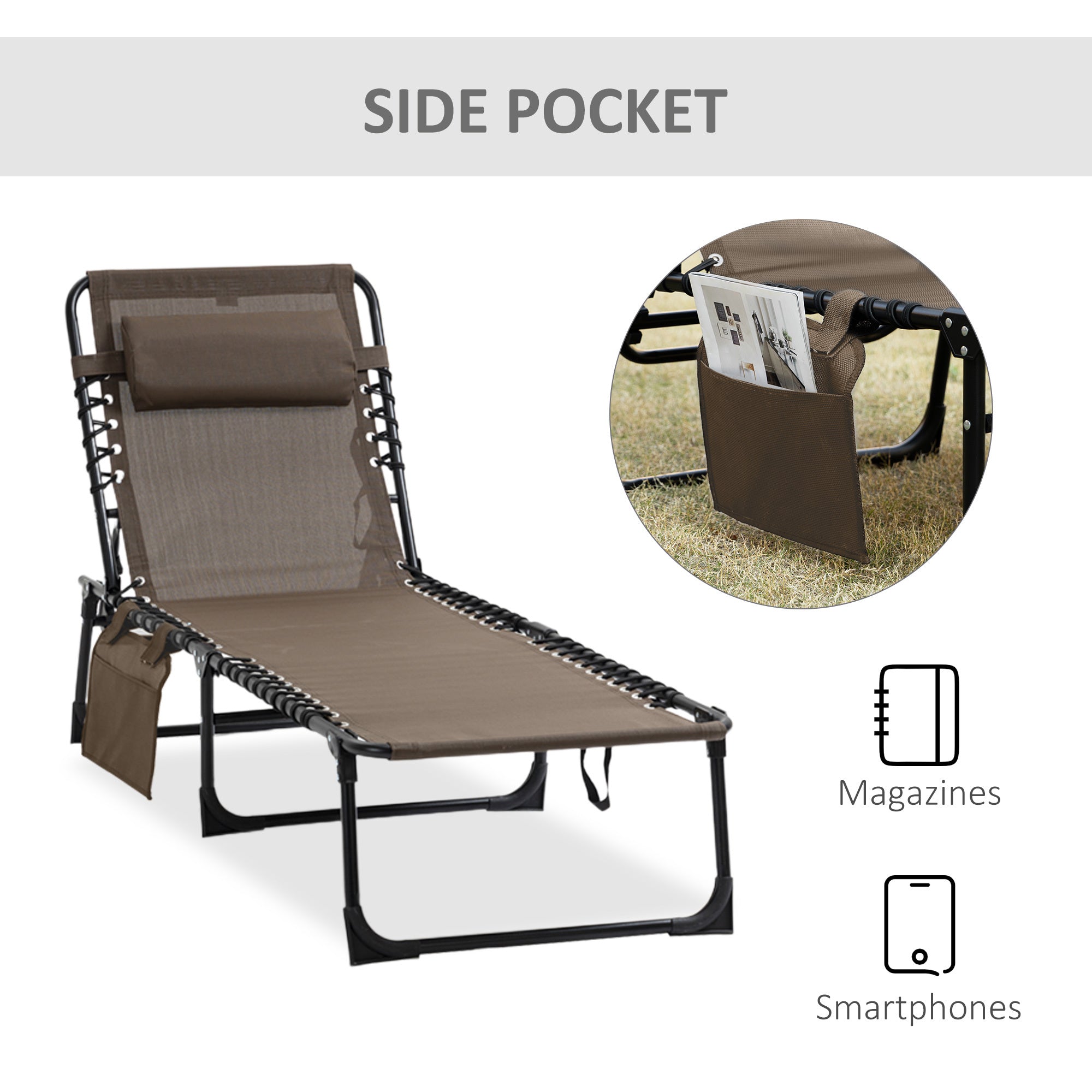 Outsunny Reclining Chaise Lounge Chair, Portable Sun Lounger, Folding Camping Cot, with Adjustable Backrest and Removable Pillow, for Patio, Garden, Beach, Brown