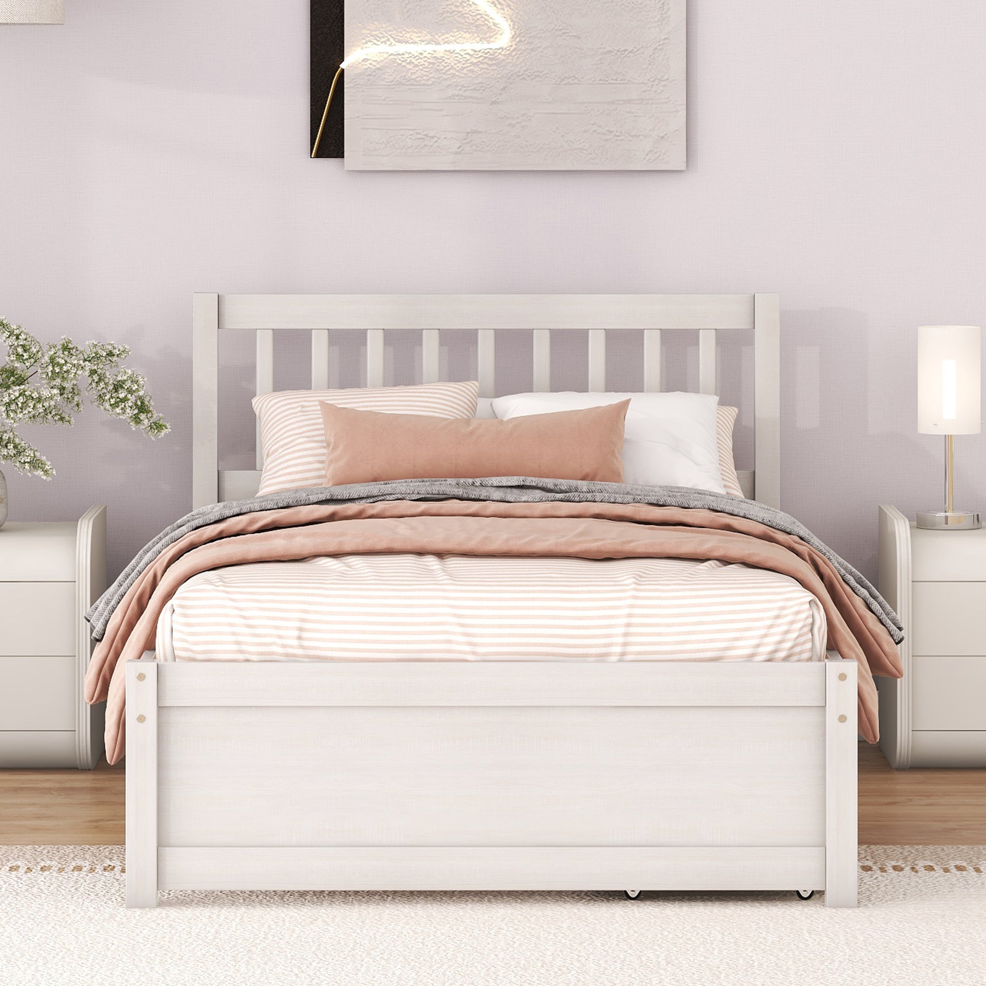 Modern Design Wooden Twin Size Platform Bed with 2 Drawers for White Washed Color