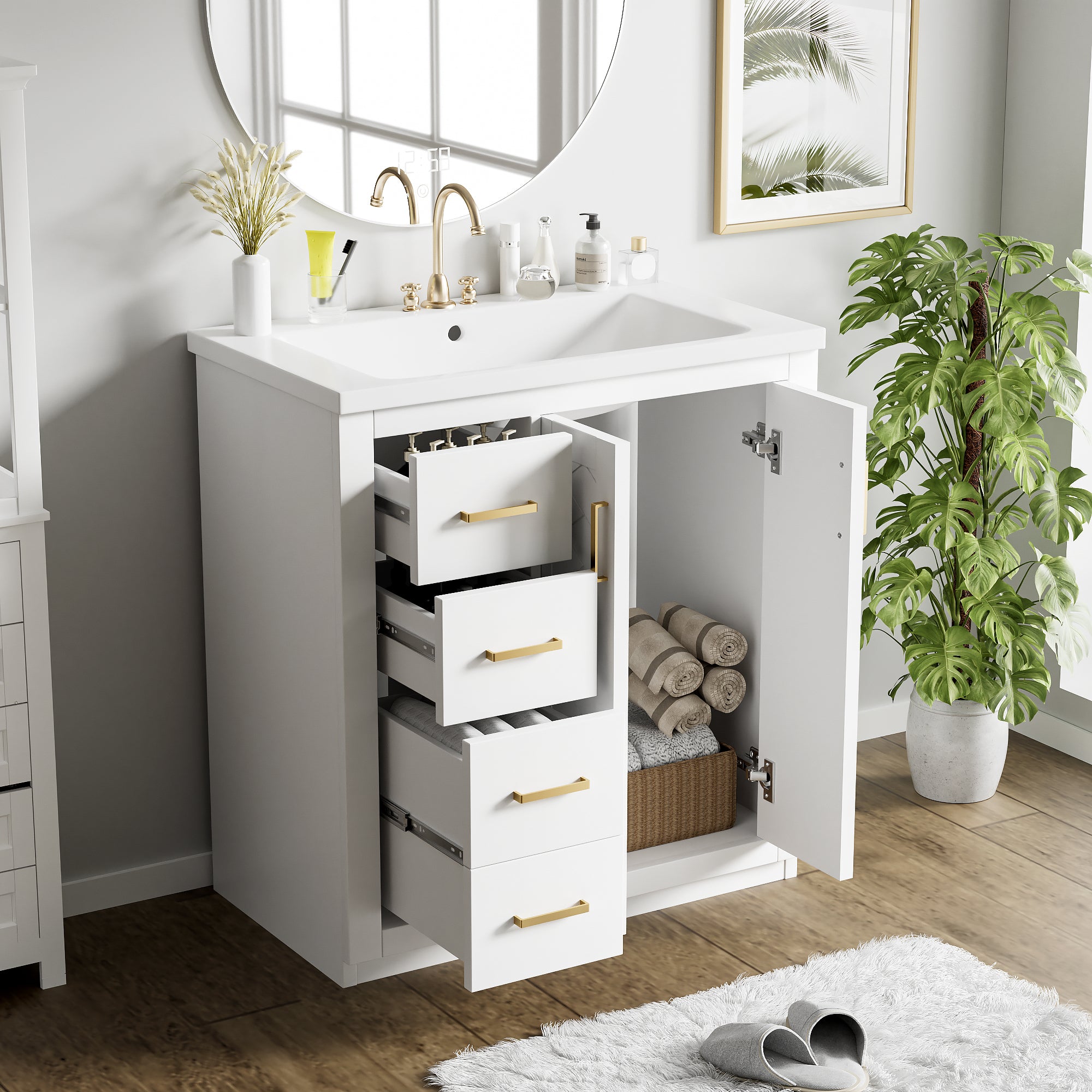 30-inch freestanding vanity set with ceramic sink, drawer storage open view