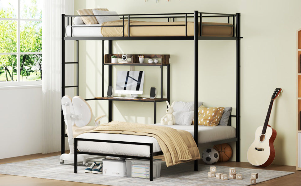 L-shaped twin bunk bed in black with storage shelves and bookcase, side view