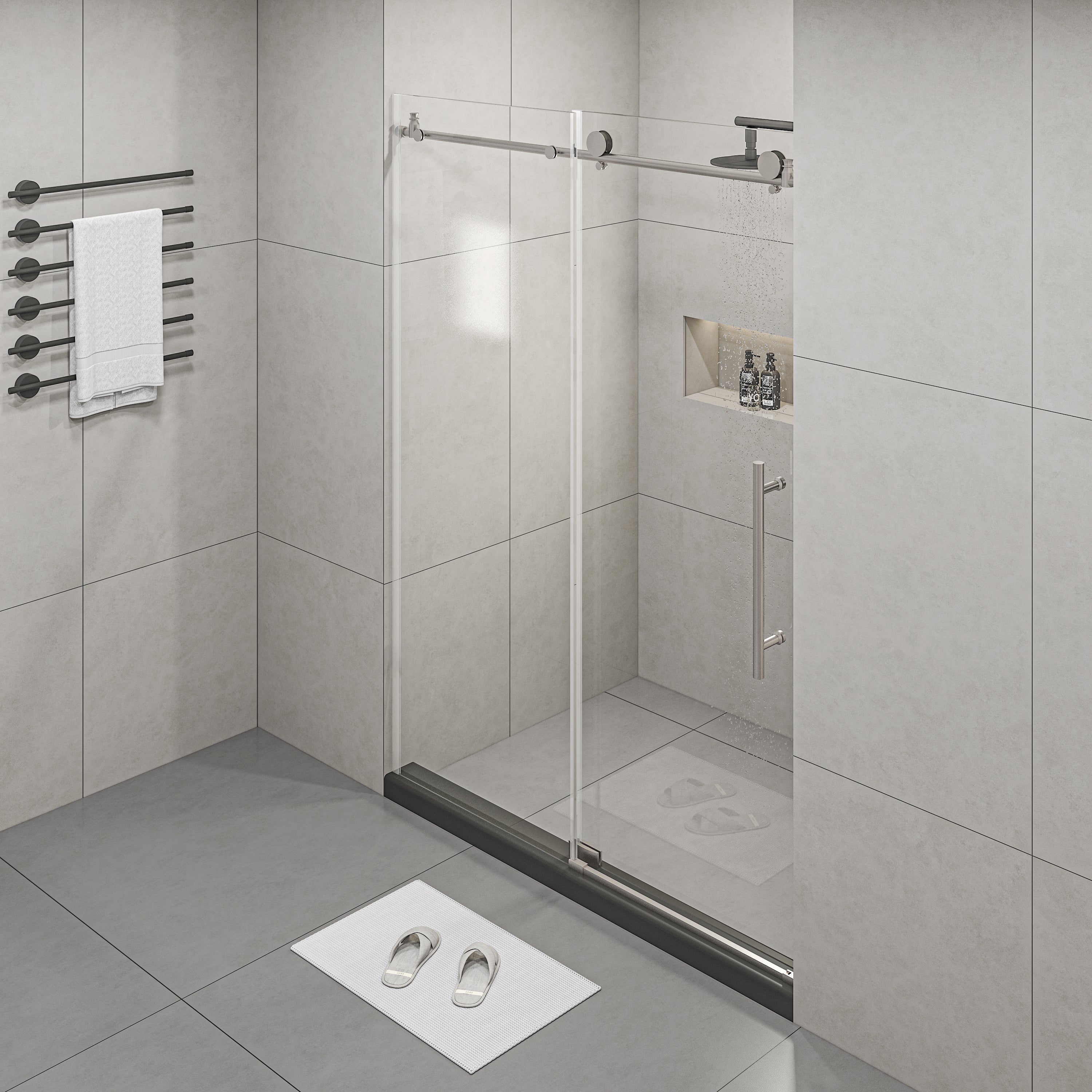 Frameless Shower Doors 60" Width x 76"Height with 3/8"(10mm) Clear Tempered Glass, Brushed Nicel Finish