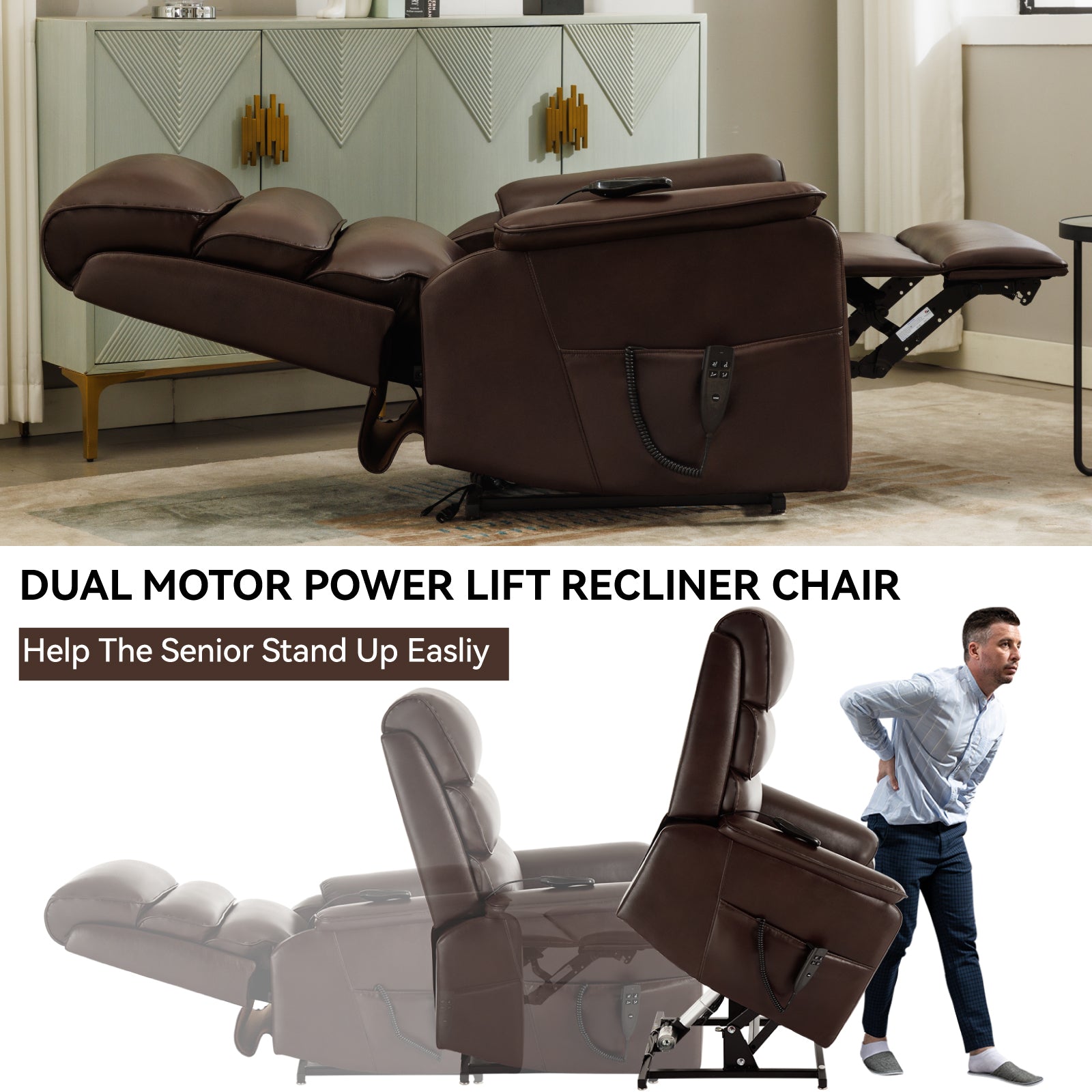 Brown Leatheraire Dual Motor Infinite Position Up to 350 LBS Power Lift Recliner Chair with Power-Remote, Heat Massage and Heavy Duty Motion Mechanism