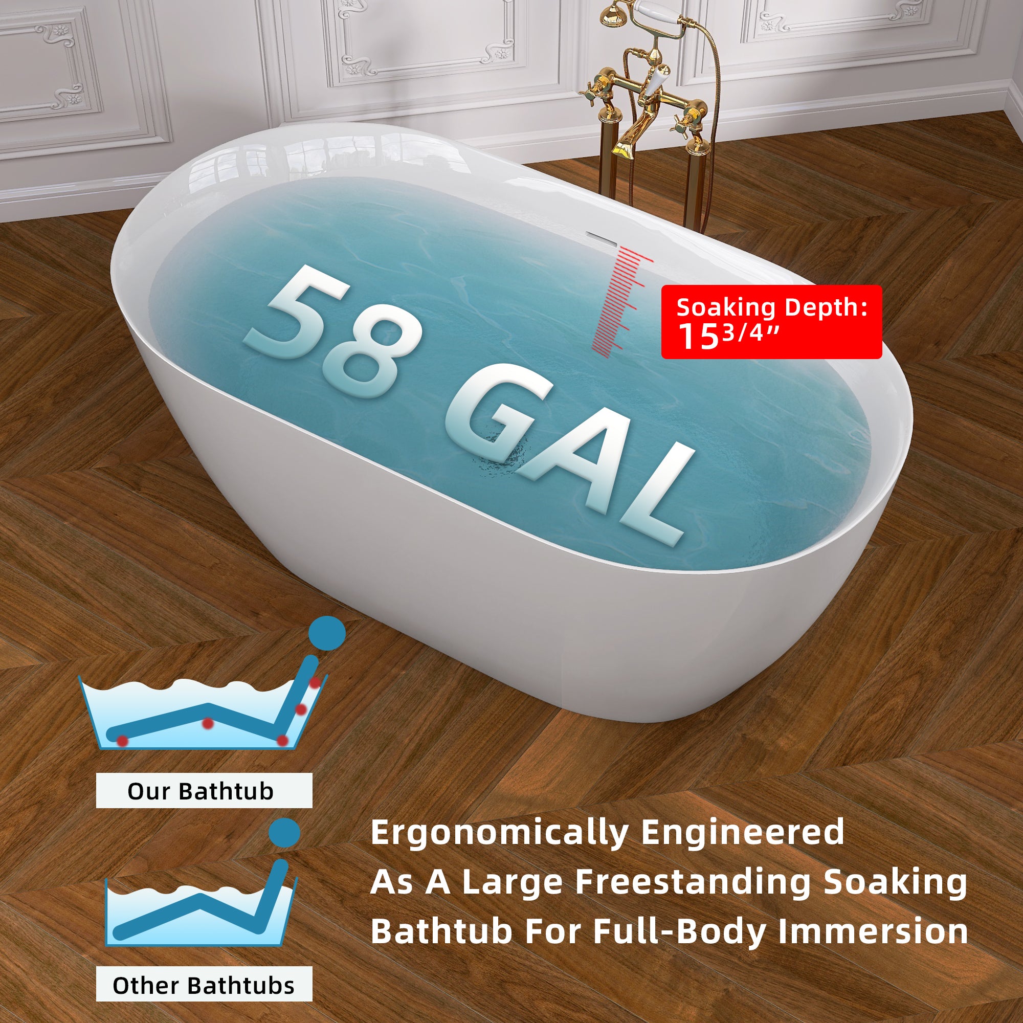 55" Acrylic Freestanding Bathtub Contemporary Soaking White Tub with Overflow and Pop-up Drain Gloss White