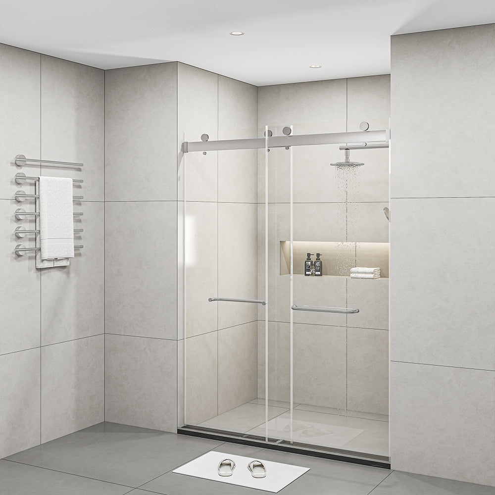 Frameless Sliding Glass Shower Doors 60"W x 76"H with 3/8"(10mm) Clear Tempered Glass, Brushed Nickel