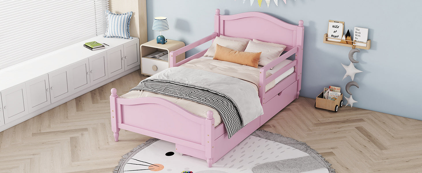 Twin Size Wood Platform Bed with Guardrails on Both Sides and Two Storage Drawers ,Pink