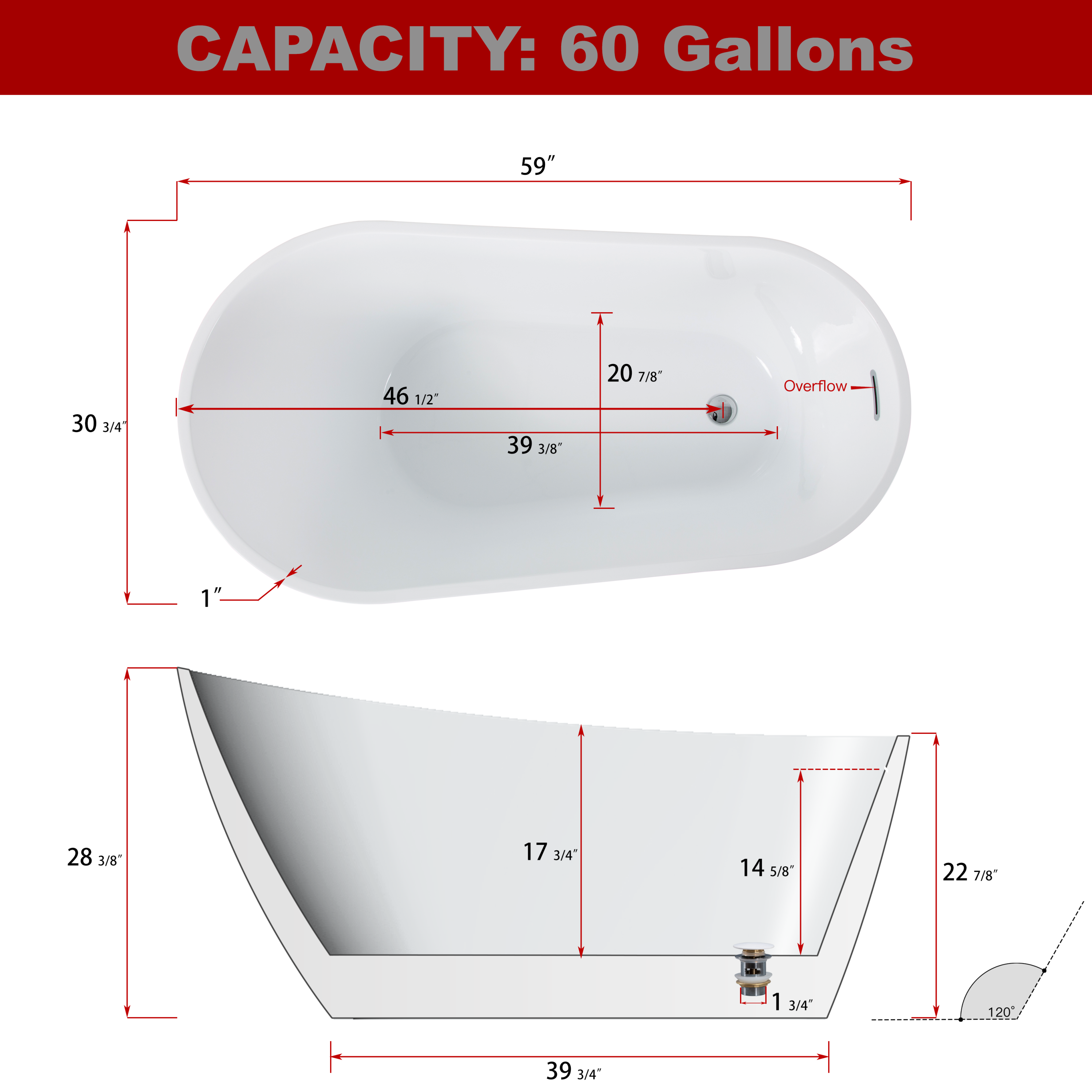 60" Acrylic Freestanding Soaking Bathtub with Chrome Overflow and Drain, cUPC Certified, Glossy White 22A04-60-1