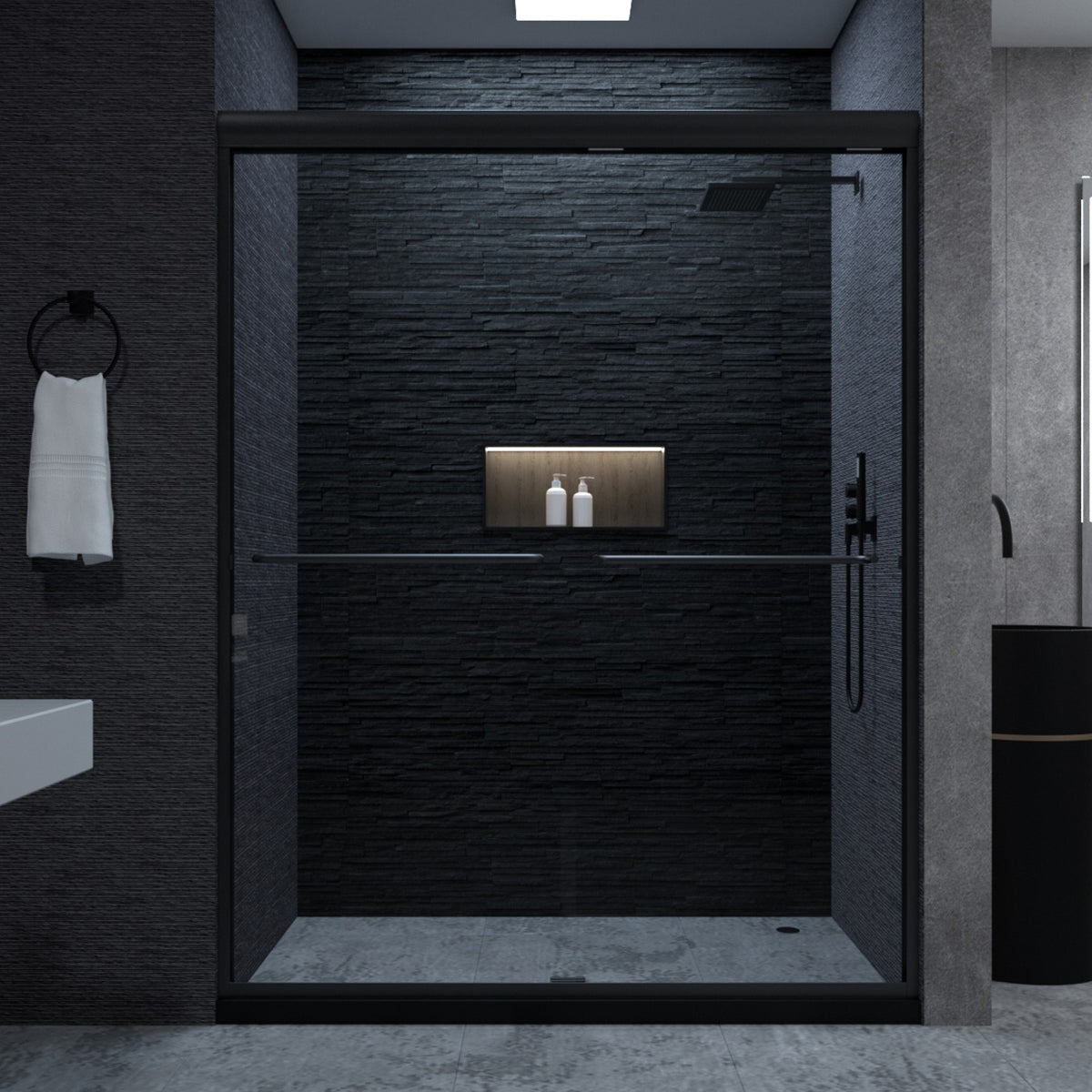 Semi-Frameless Sliding Shower Door 56-60"W x 72"H, Bathroom Sliding Door with 5/16" Clear Tempered Glass, Matte Black Finish, Designed for Smooth Door Closing