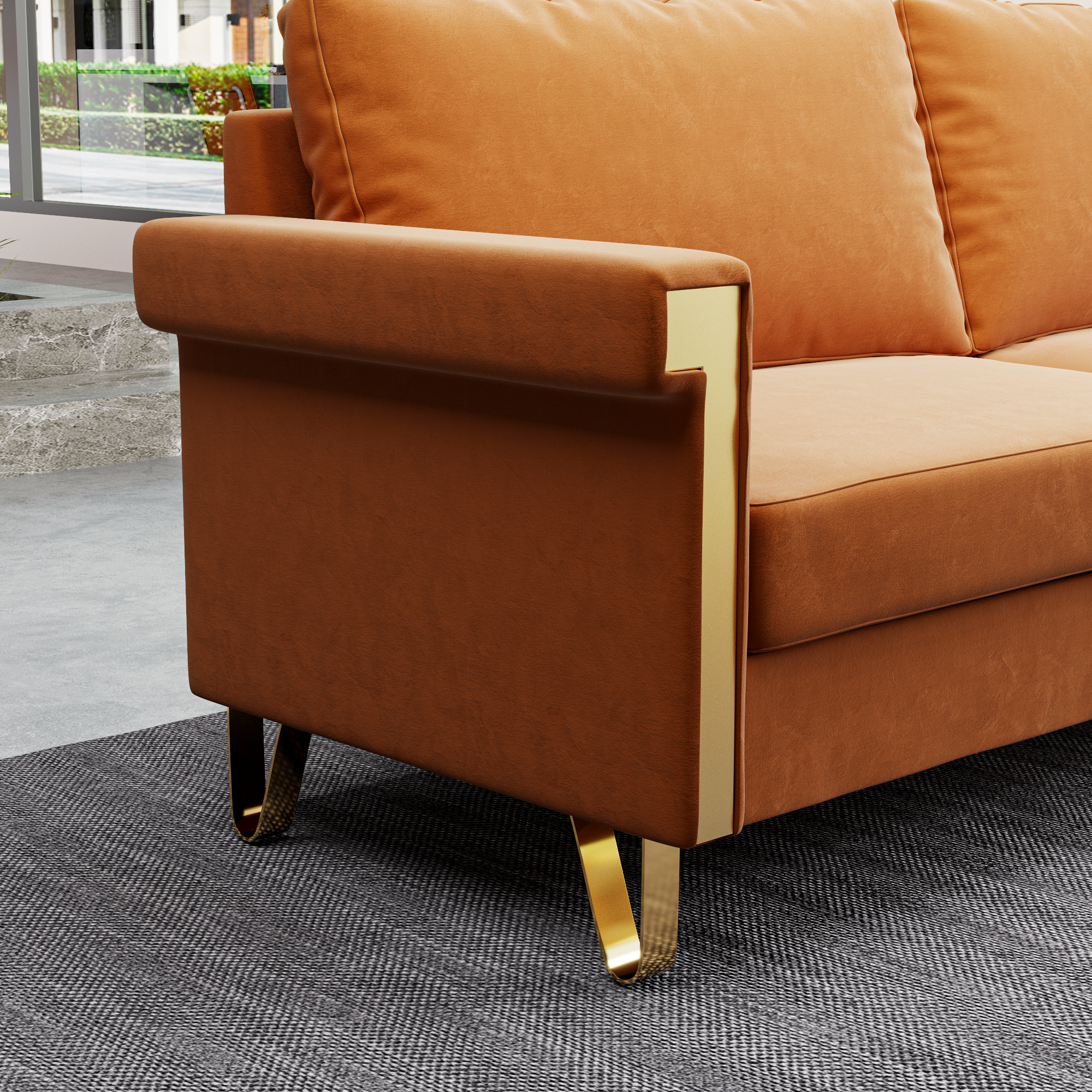 76.34in Wide Modern Orange Velvet Sofa Stylish Living Room Furniture with Gold Metal Legs and Deep Cushions for Maximum Comfort