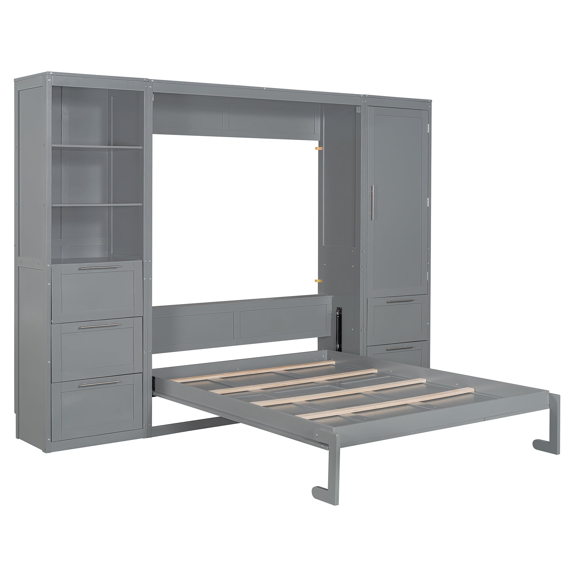 Queen Size Murphy Bed Wall Bed with Closet ,Drawers and Shelves,Gray