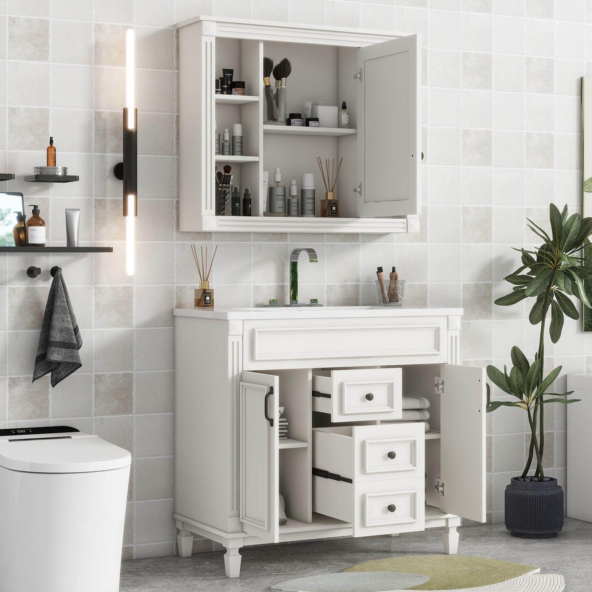 36'' Bathroom Vanity with Top Sink, White Mirror Cabinet, Modern Bathroom Storage Cabinet with 2 Soft Closing Doors and 2 Drawers, Single Sink Bathroom Vanity