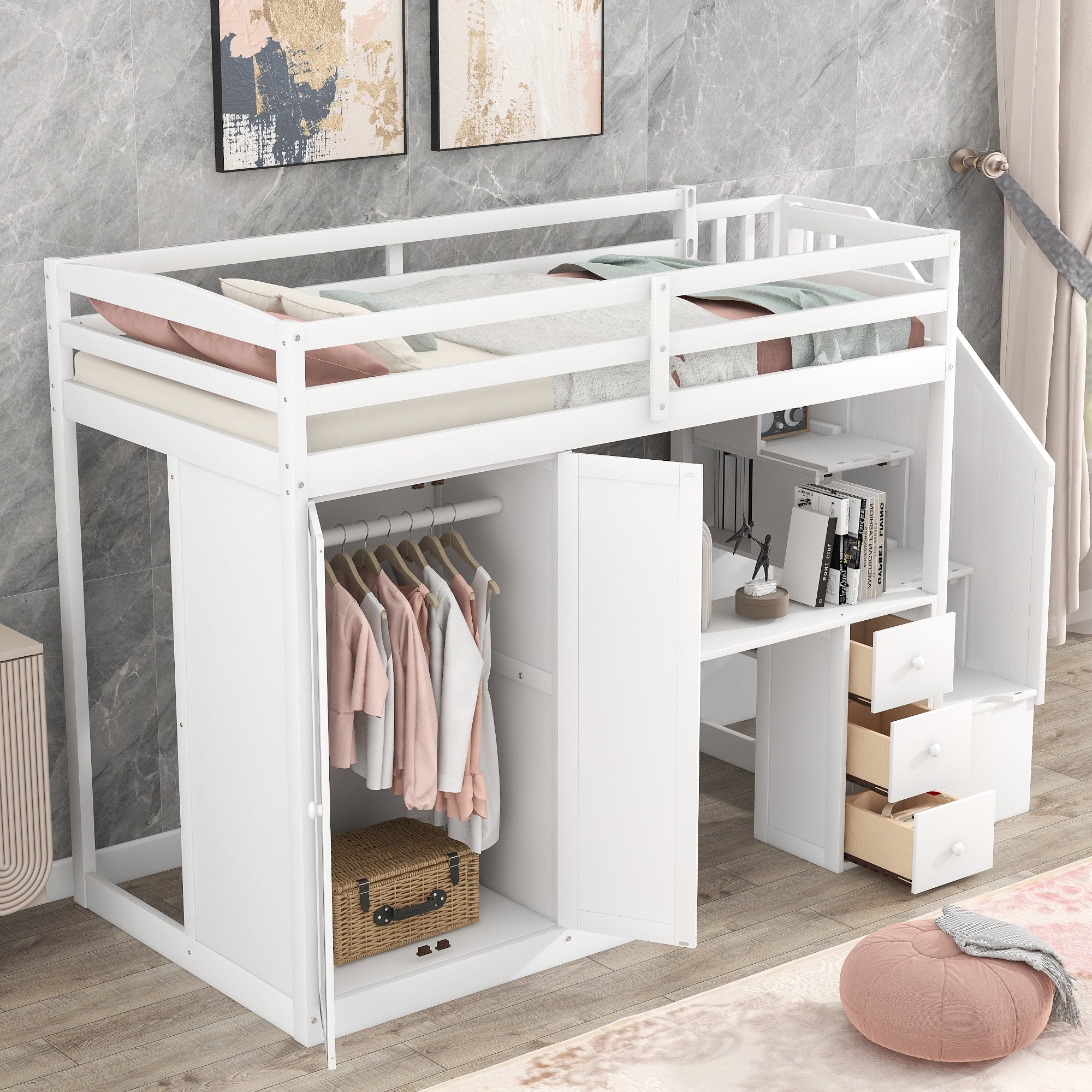 Twin Size Loft Bed with Wardrobe and Staircase, Desk and Storage Drawers and Cabinet in 1, White