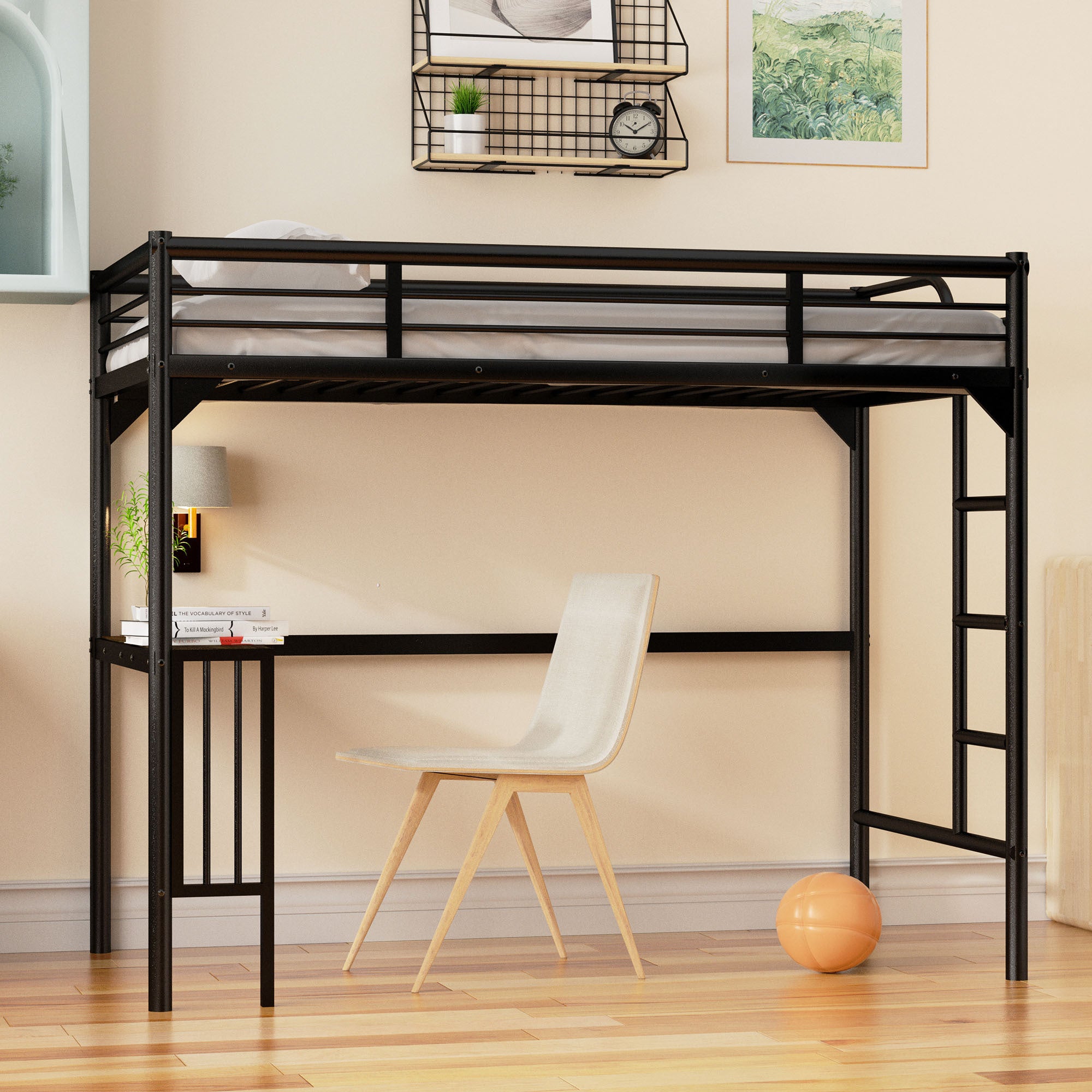 Twin Metal Loft Bed with Desk, Ladder and Guardrails,bookdesk under bed , Black