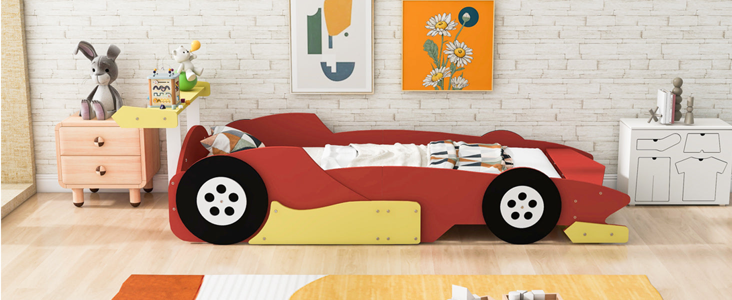 Twin Size Race Car-Shaped Platform Bed with Wheels,Red