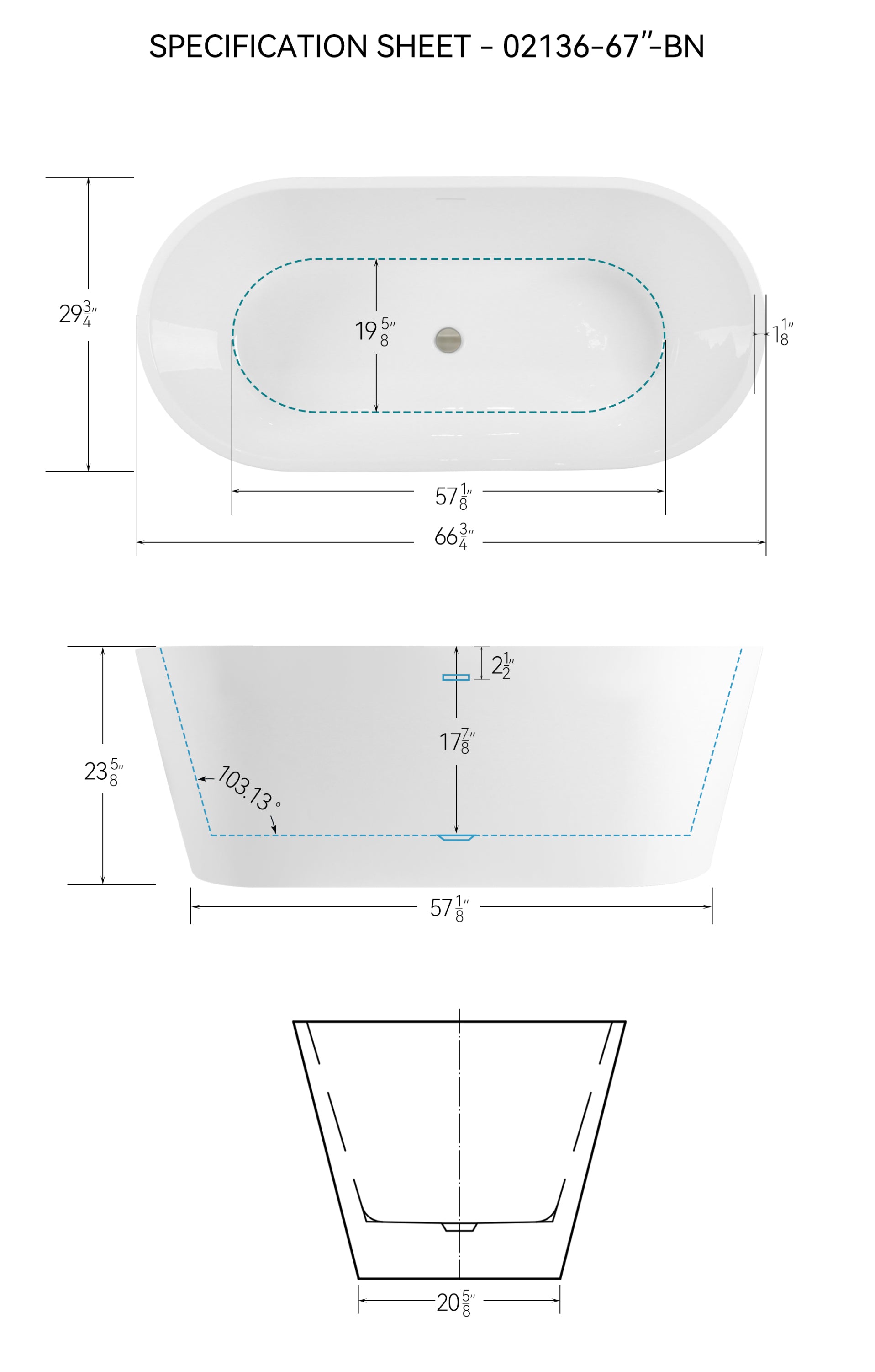 67'' Acrylic Freestanding Bathtub, Modern & Contemporary Design Soaking Tub with Brushed Nickel Pop-Up Drain and Minimalist Design Overflow, 02136-BN