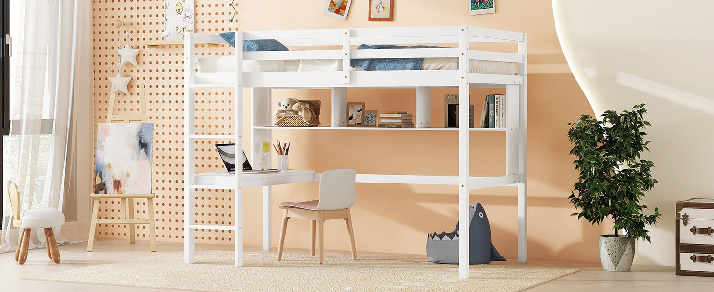 Twin Size Loft Bed with desk and shelves, Safety Guardrail and ladder,White