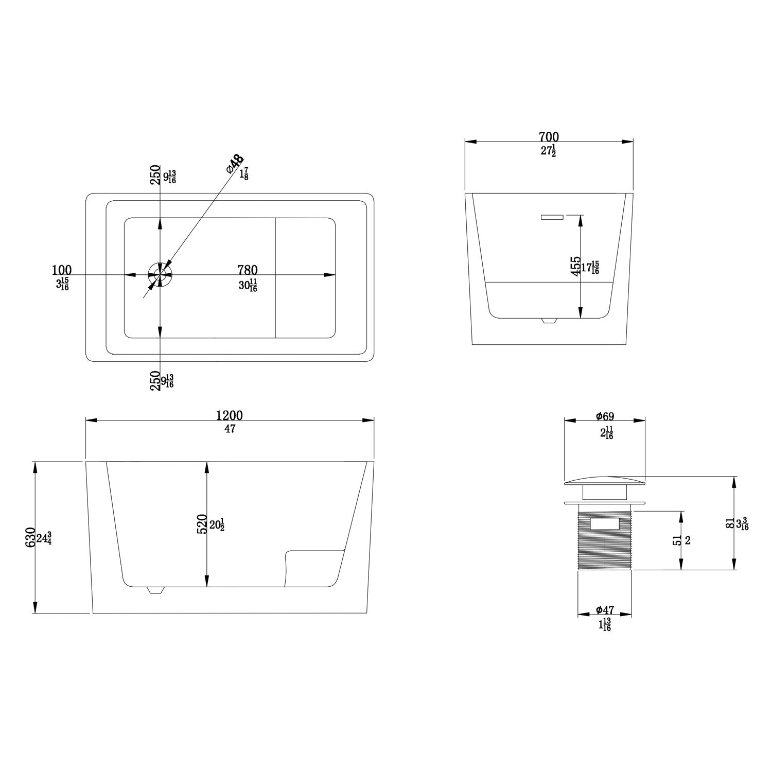 47" Freestanding Acrylic Flat bottom  Soaking Tub  Bathtub in White