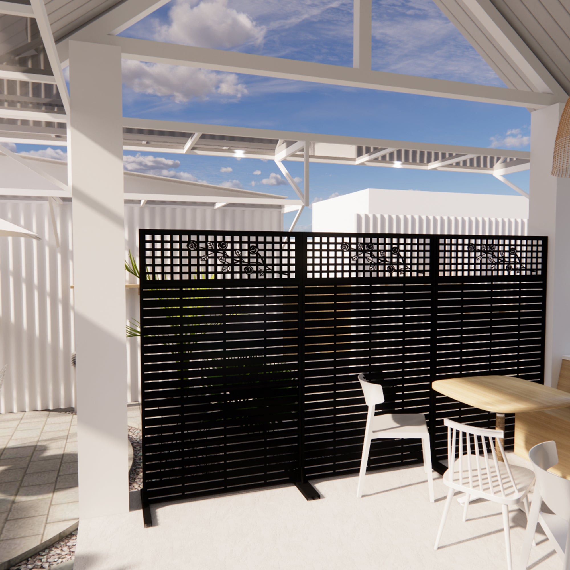 Decorative metal privacy screen Rose Black in garden setting
