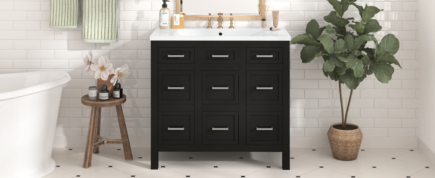 36" Bathroom Vanity Cabinet with Resin Integrated Sink - 4 Drawers, 2 Doors