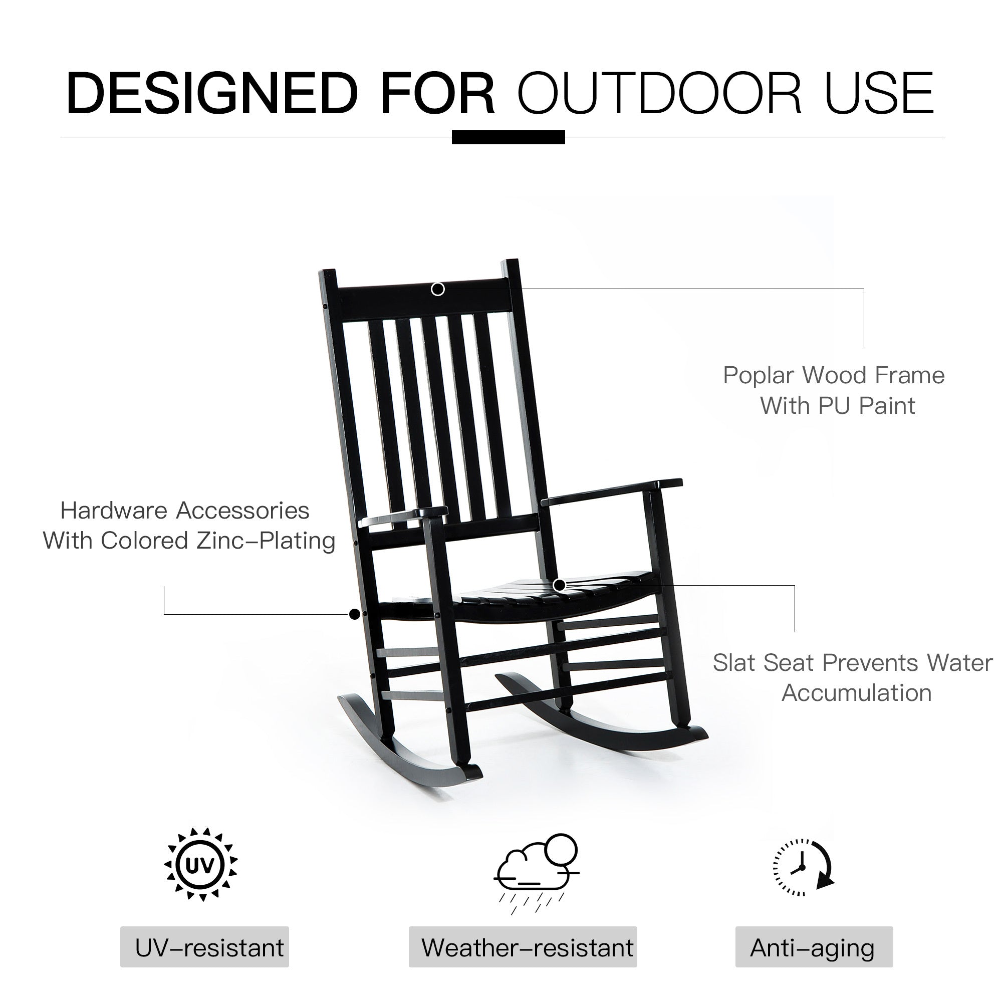 Outsunny Outdoor Rocking Chair, Patio Wooden Rocking Chair with Smooth Armrests, High Back for Garden, Balcony, Porch, Supports Up to 352 lbs., Black