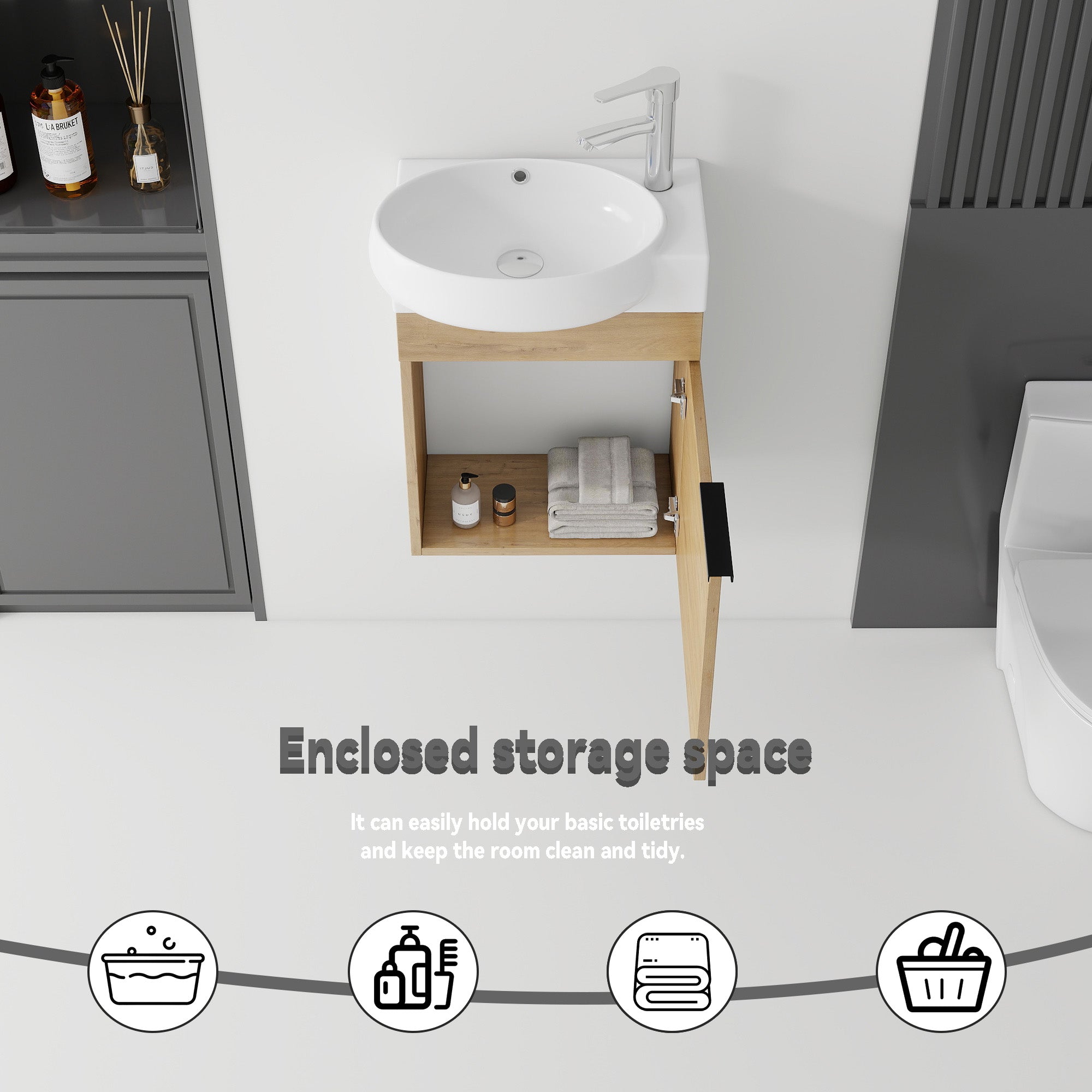 16 inch oak floating bathroom vanity combo installed in small bathroom