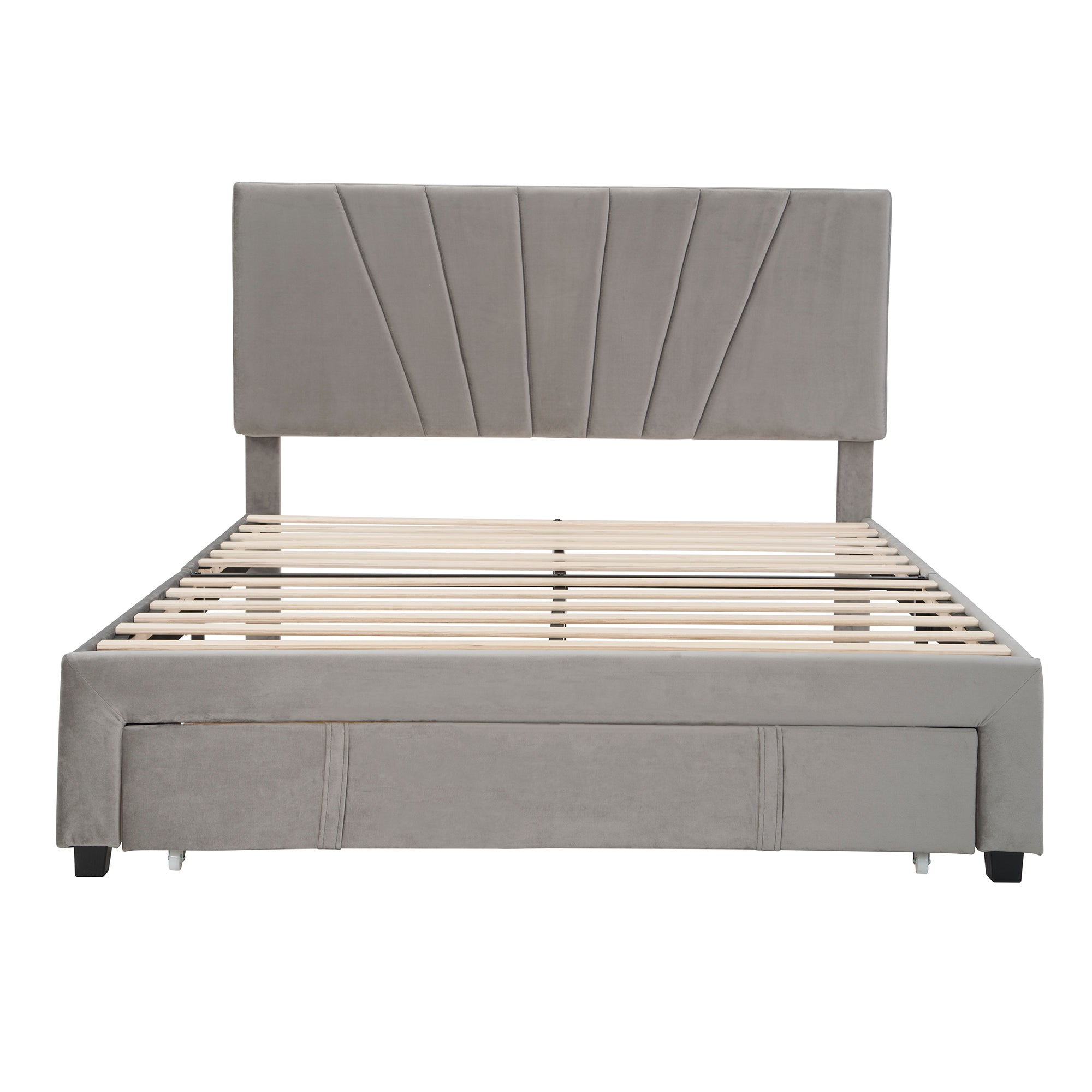 Queen Size Storage Bed Velvet Upholstered Platform Bed with a Big Drawer - Gray