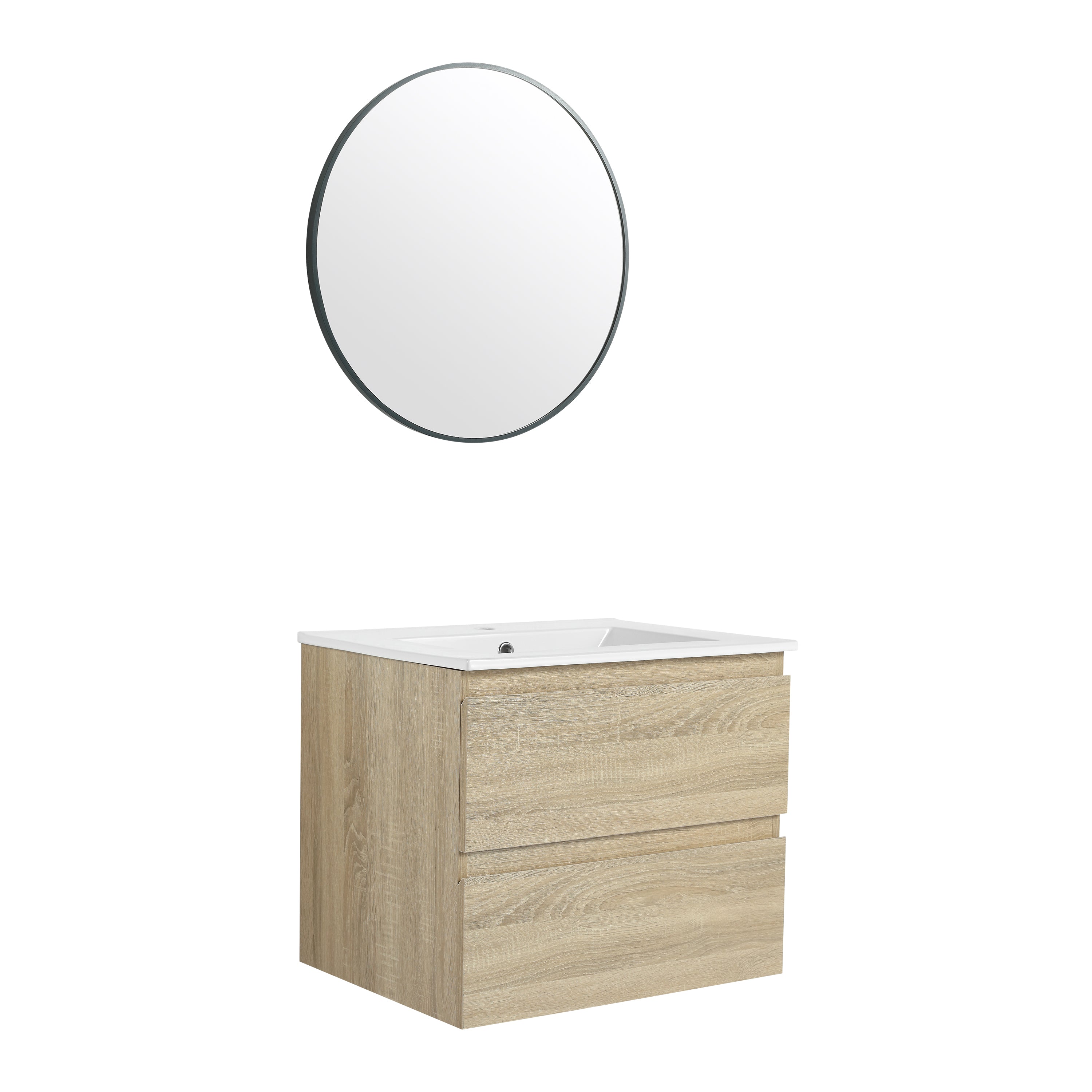 24" Wall-Mounted Bathroom Vanity With Ceramic Sink, 2-Soft Close Drawers, KD-Package