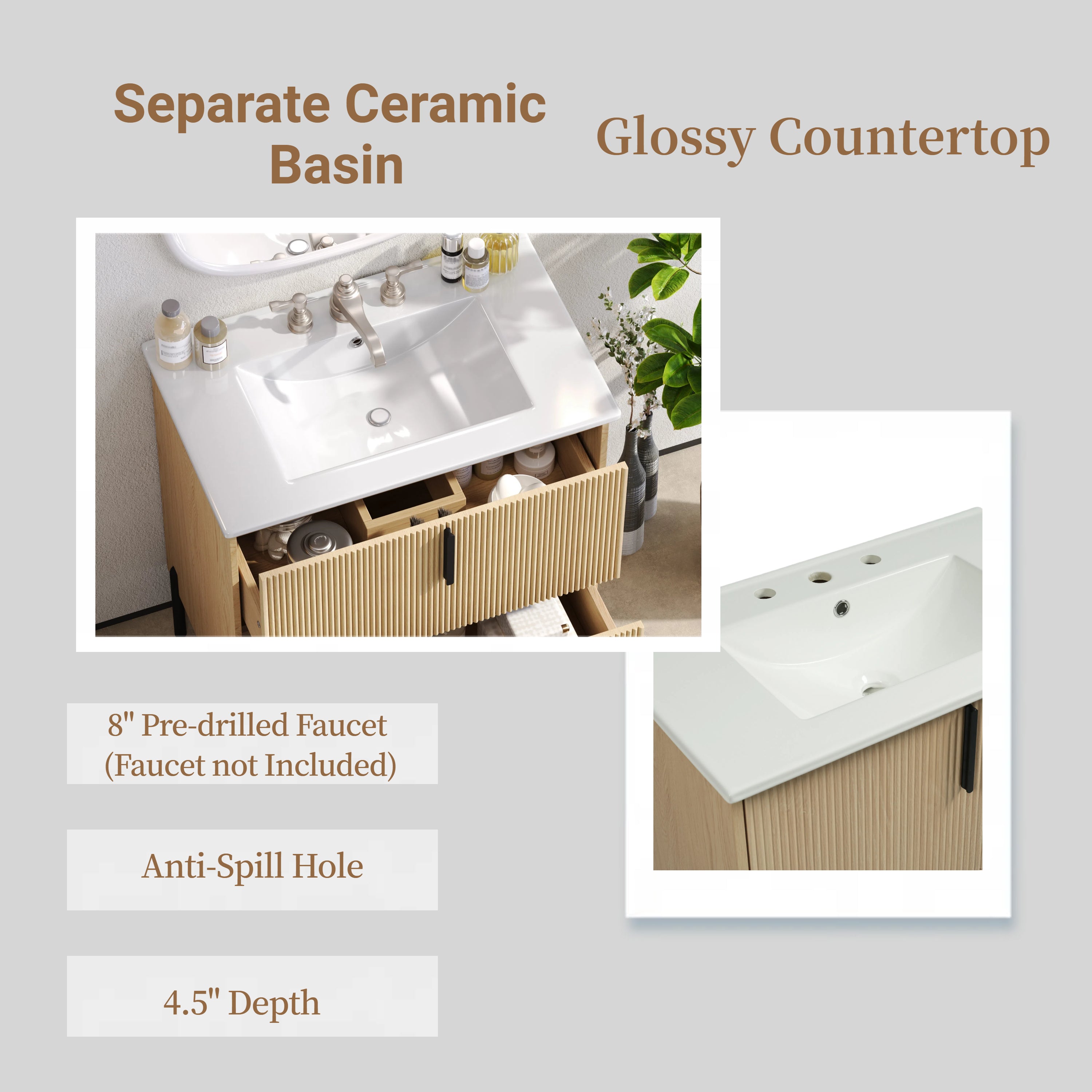 Natural fluted bathroom vanity cabinet front texture detail