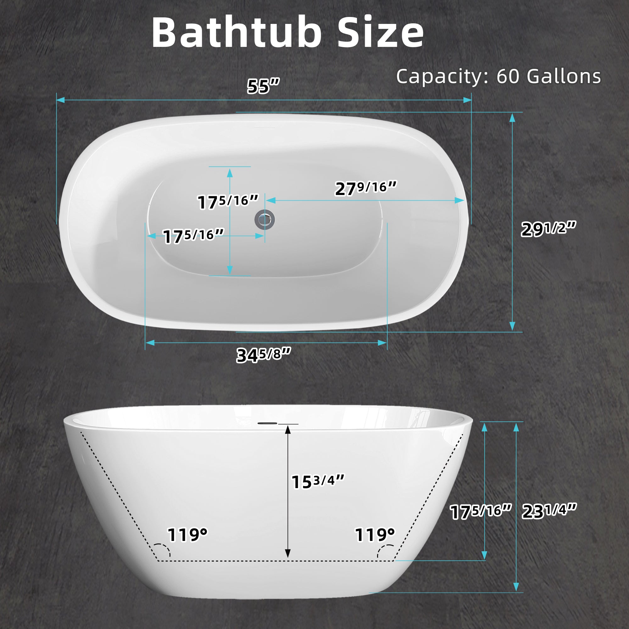 55" Acrylic Freestanding Bathtub Modern Stand Alone Soaking Bathtub with Overflow and Pop-up Drain Gloss White