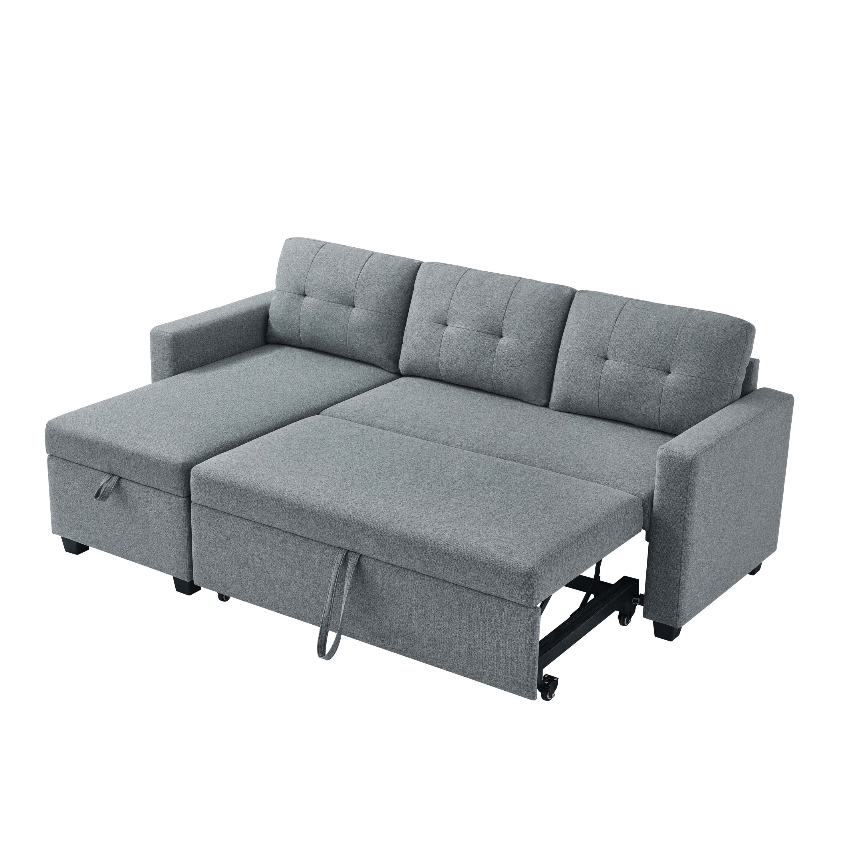 Upholstered Pull Out Sectional Sofa with Storage Chaise, Convertible Corner Couch, Light Grey