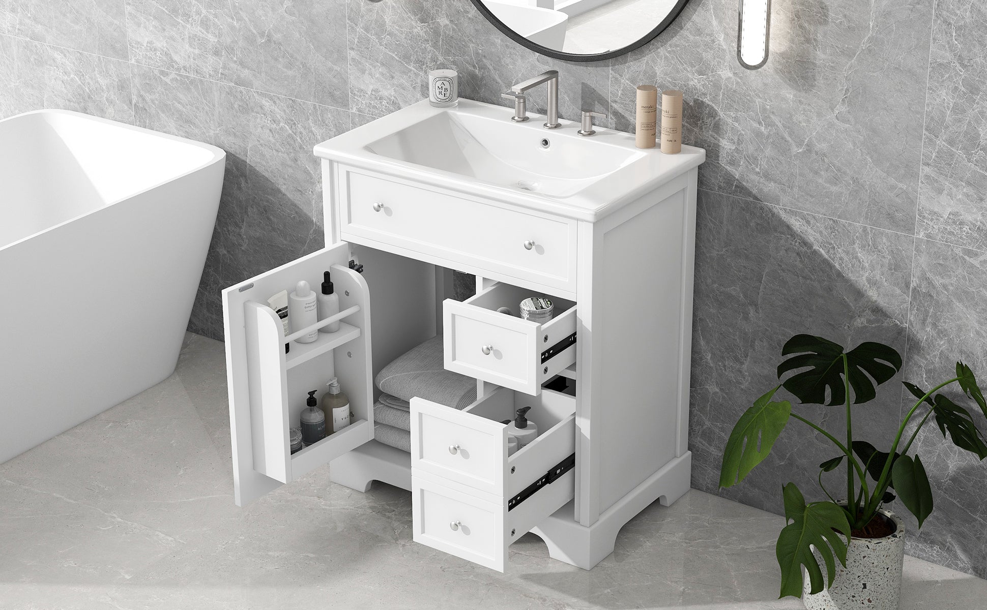 30" Bathroom Vanity with Sink Top, Bathroom Vanity Cabinet with Door and Two Drawers, MDF Boards, Solid Wood, One Package, White