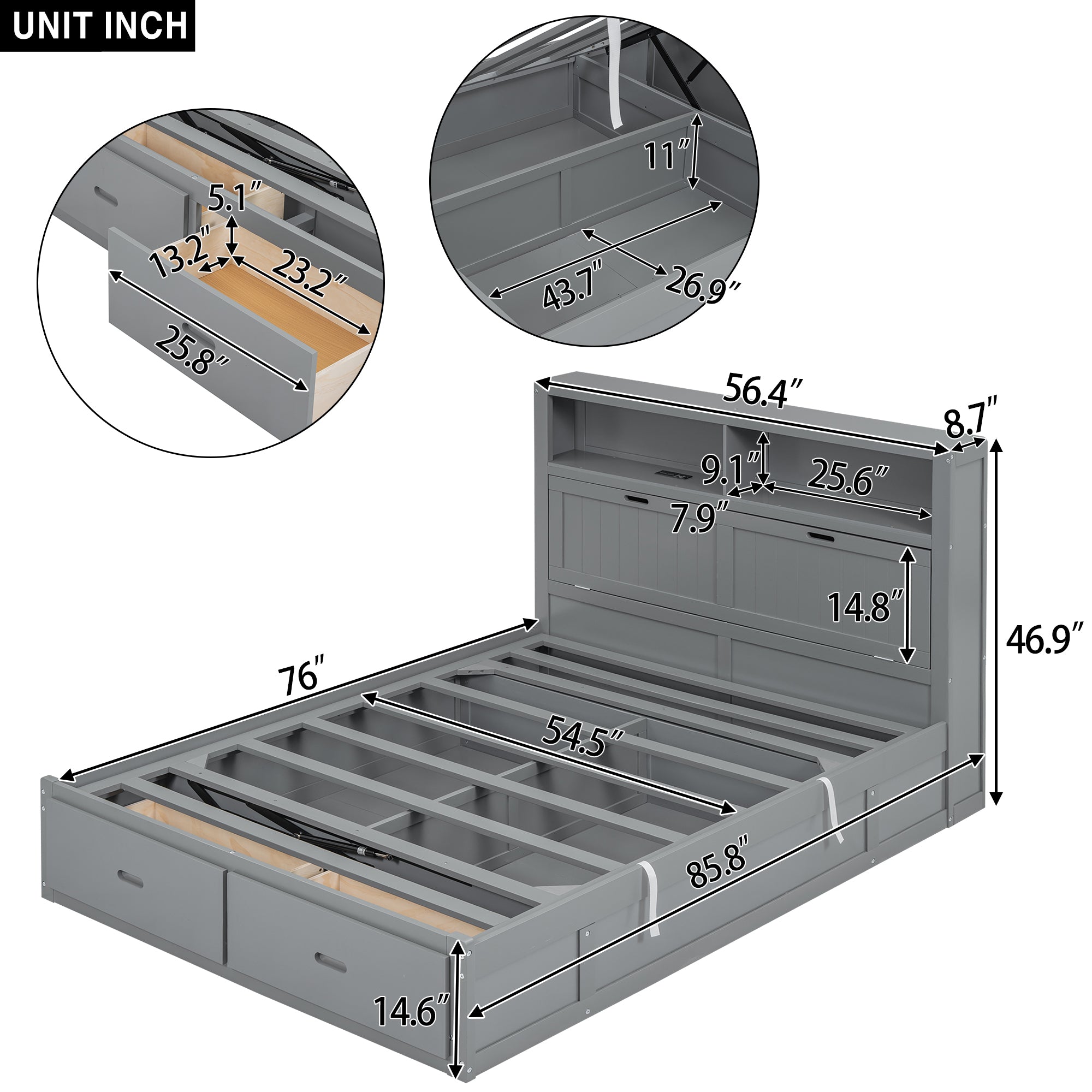 Wood Full Size Hydraulic Platform Bed with Storage LED Headboard, Charging Station and 2 Drawers, Gray