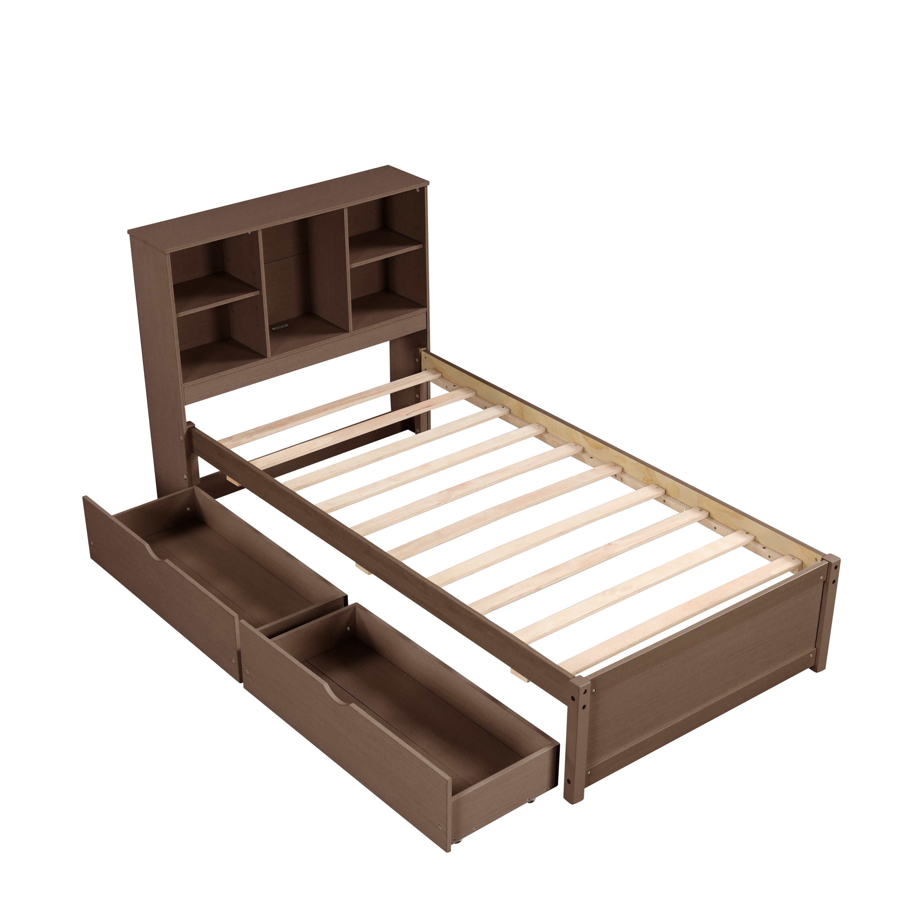 Modern Twin Size Bed Frame With Built-in USB Port on Bookcase Headboard and 2 Drawers for Walnut Color