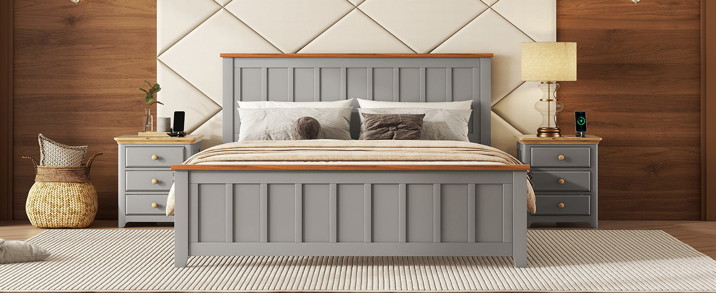 Queen Size Wood Platform Bed Wooden Slat Support, Vintage Simple Bed Frame with Rectangular Headboard and Footboard, Grey