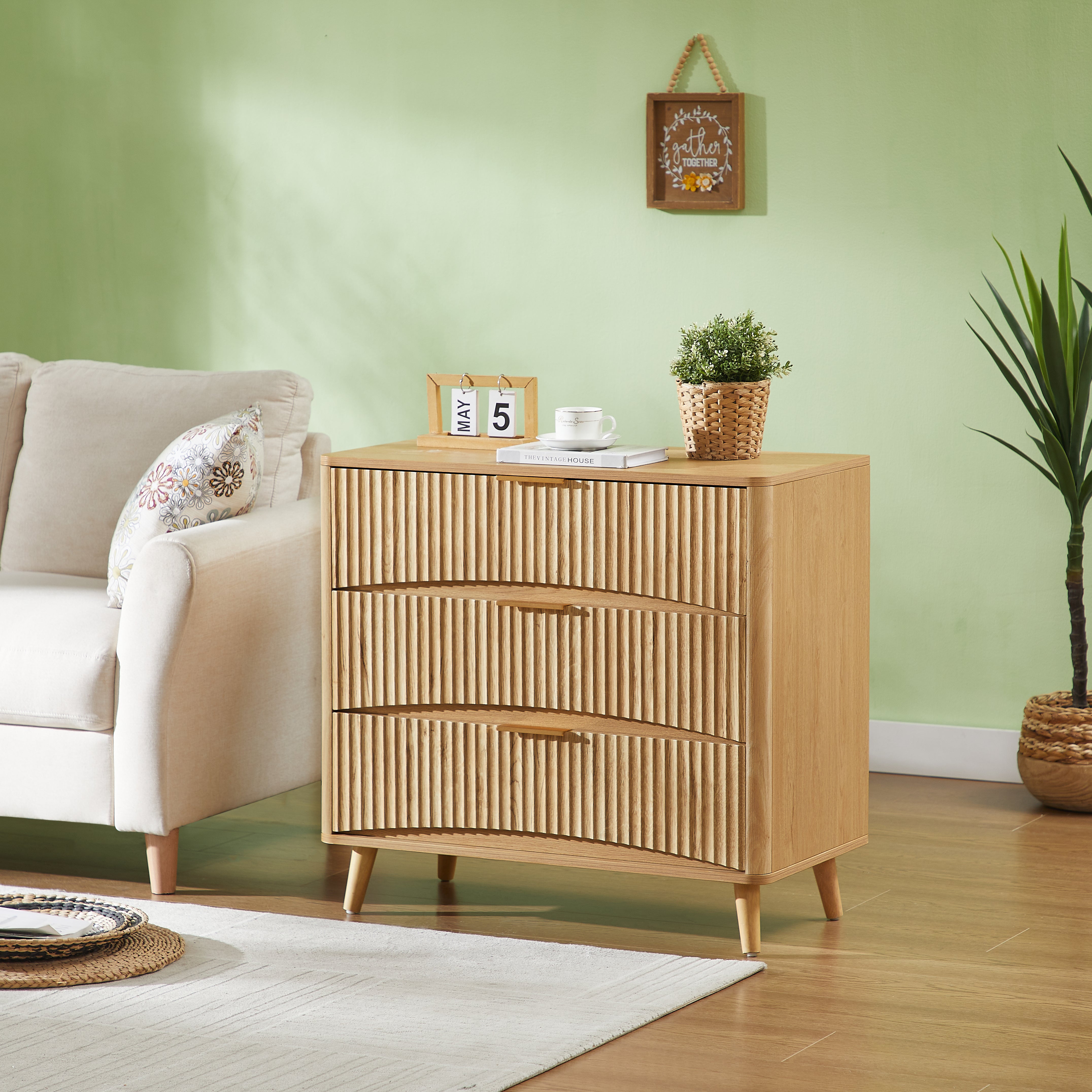 Oak fluted 3-drawer dresser, angled view showing vertical grooved front