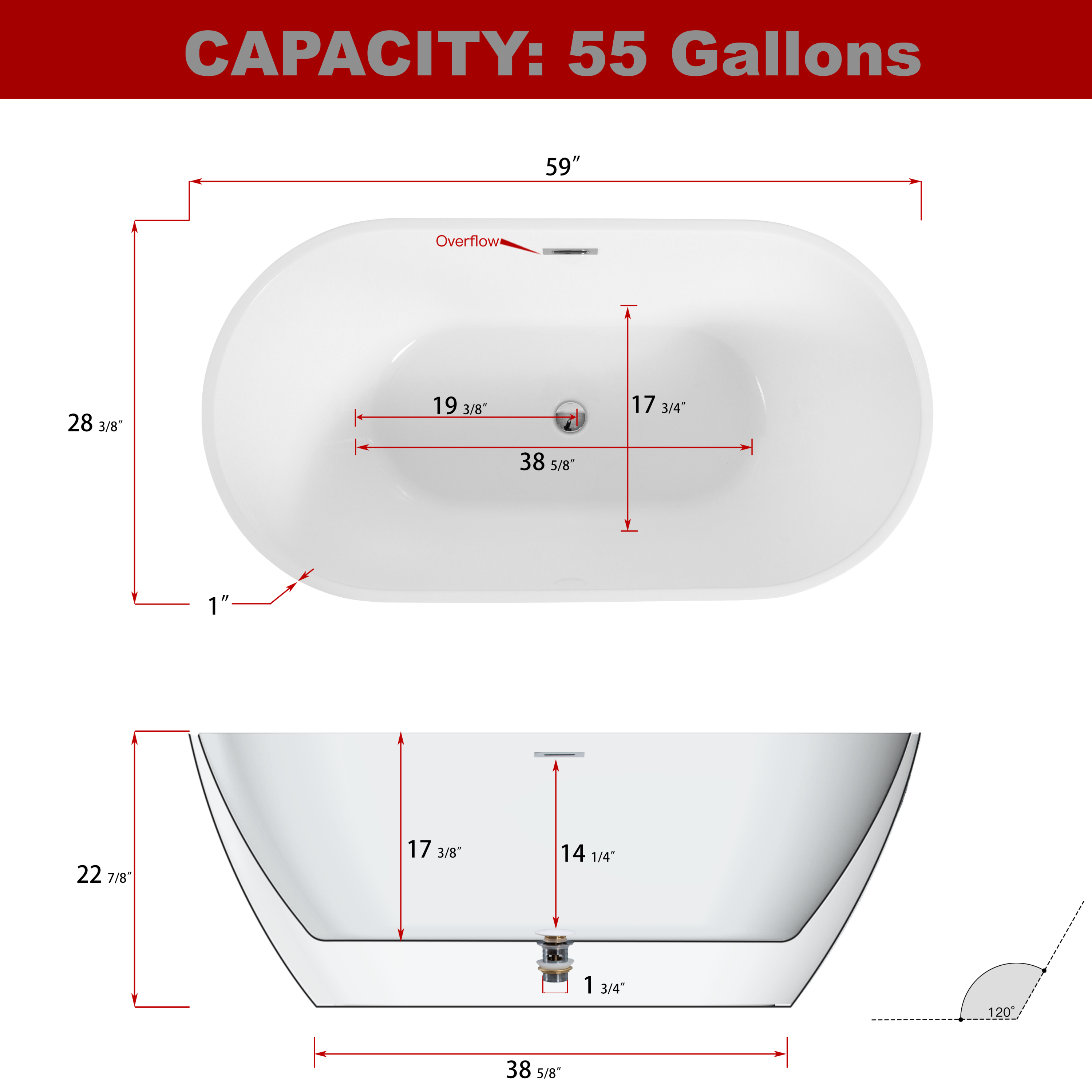 60" Freestanding Acrylic Soaking Bathtub with Chrome Overflow and Drain, Self-leveling Legs Flexible Hose, Easy Installation, Glossy White 24A09-60