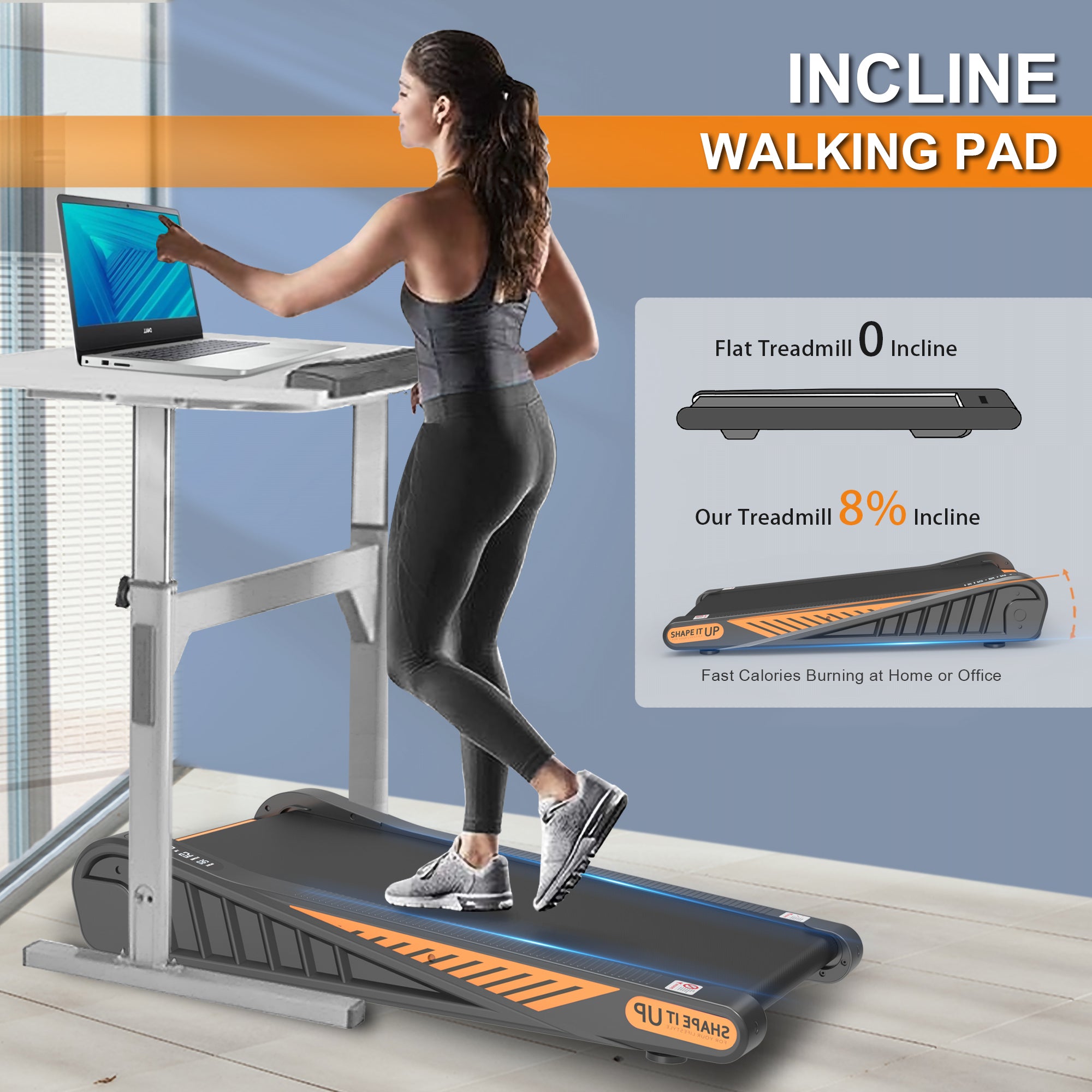 Home Exercise Walking Pad Under Desk Treadmill 8% Incline for Small Space