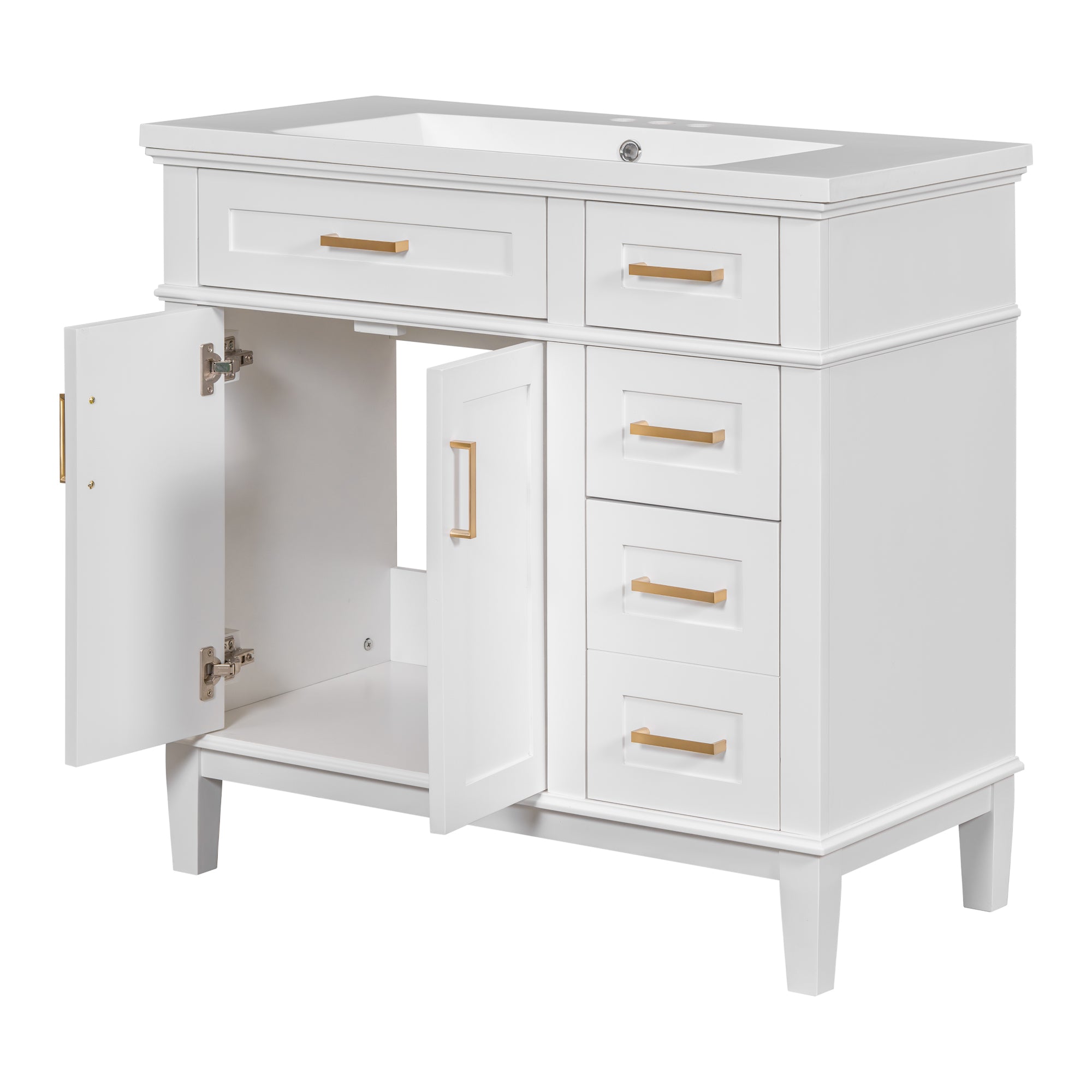 36-inch Bathroom Vanity with Resin Sink, Modern Bathroom Cabinet in White,Featuring Two Soft Close Doors and Four Drawers