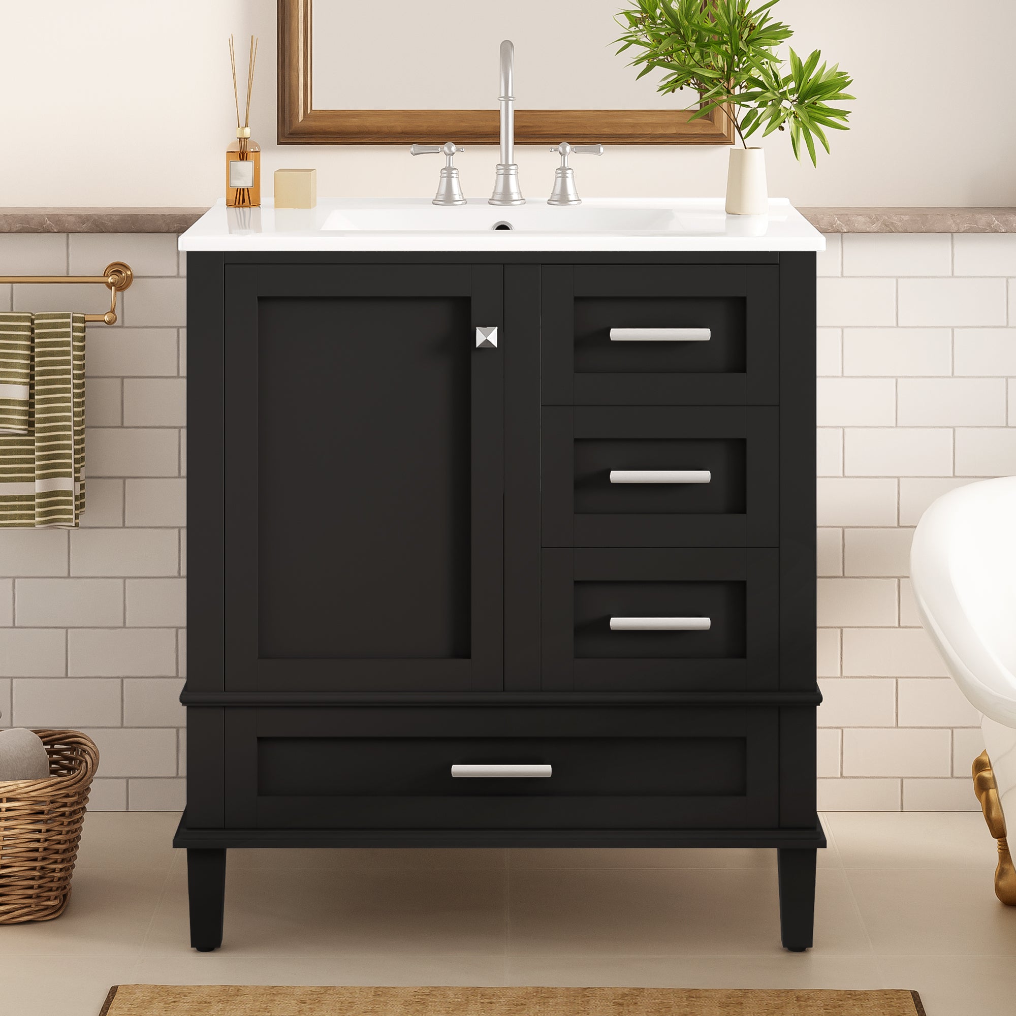 Black bathroom vanity with sink combo angled view