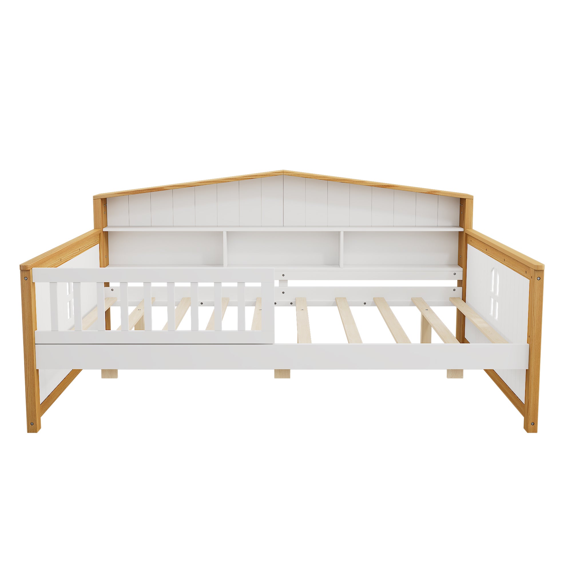 Full Size House Shape Daybed with Trundle and Bookcase Headboard  Wooden  Bed for Girls Boys Teens, No Box Spring Needed, Walnut and White