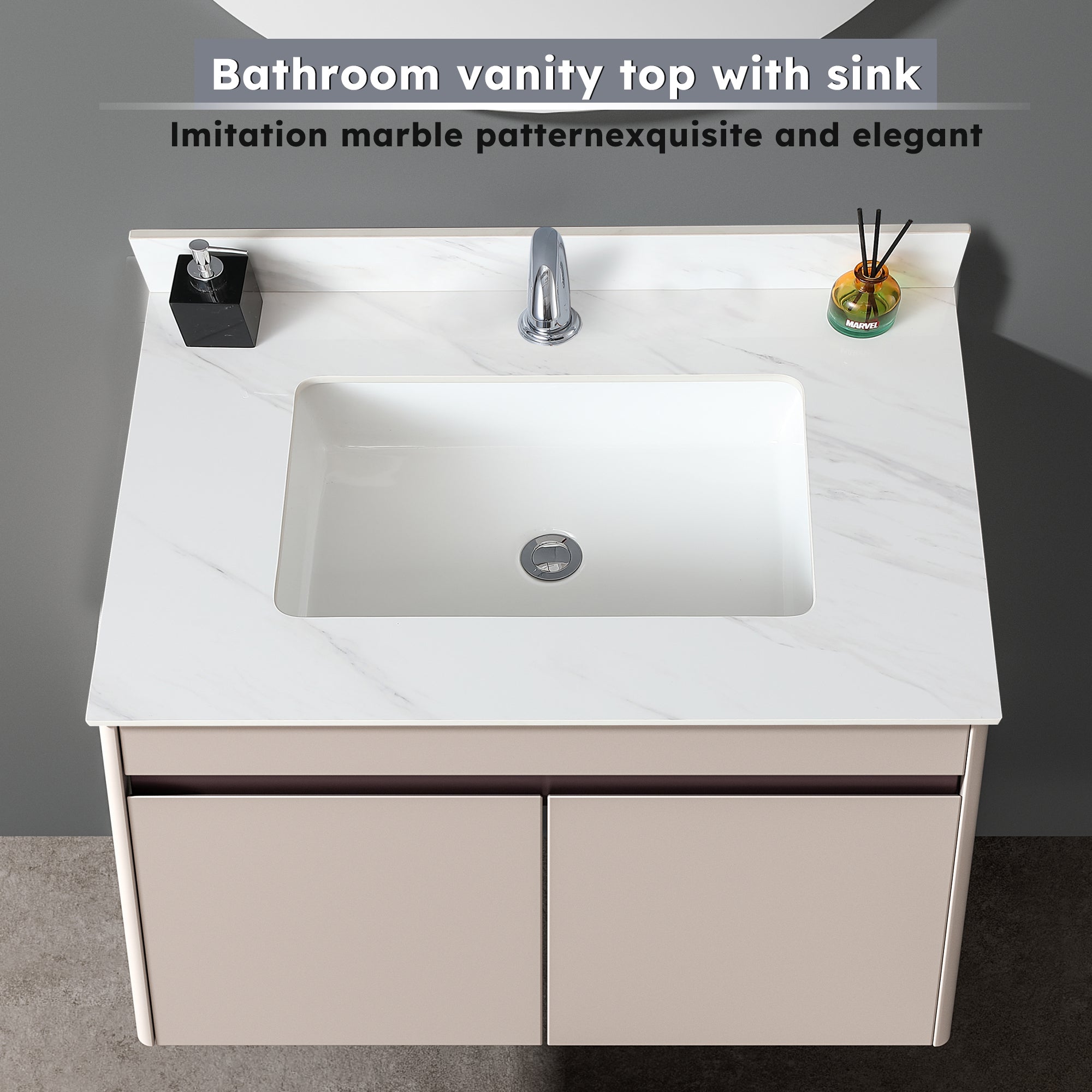 31 Inch Marble Vanity Top, White Vanity Top with Pre-drilled Faucet Holes, Bathroom Vanity Top with Undermount Rectangular Middle Sink and 4" Height Backsplash,  Bianco Carrara Venato