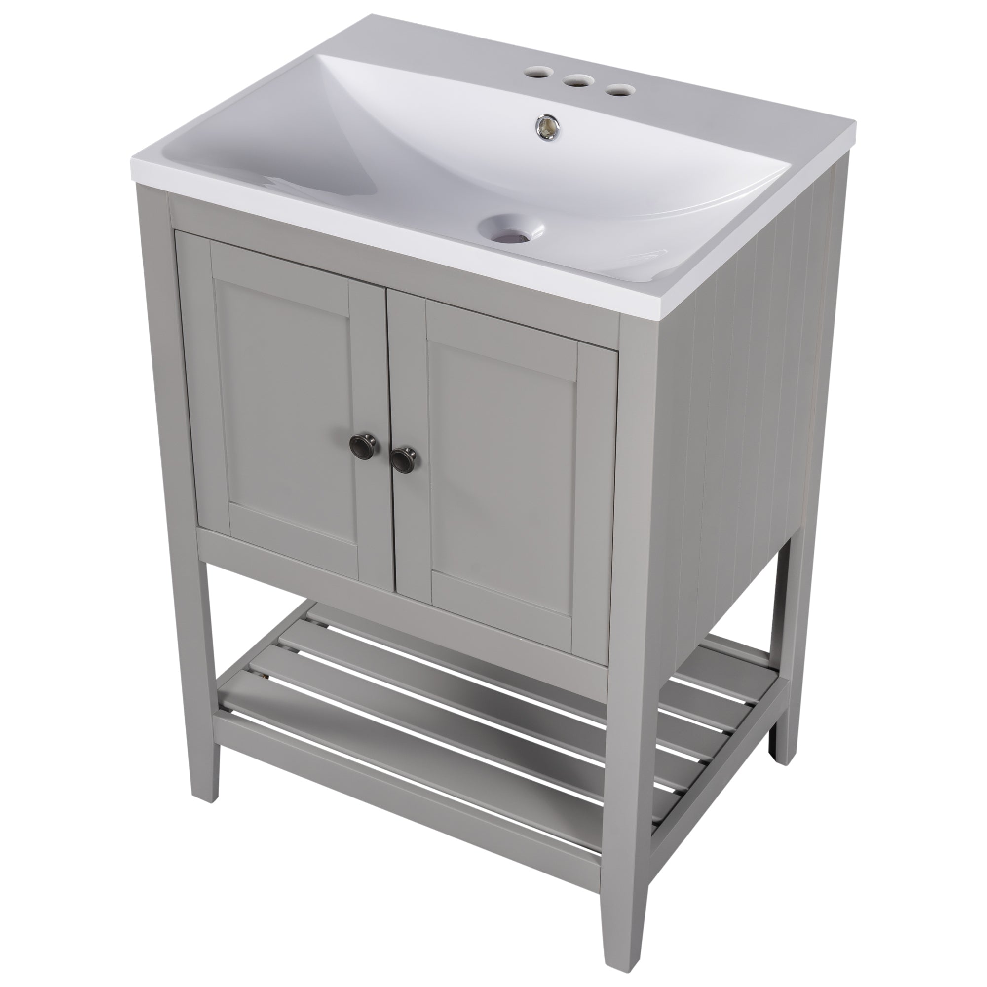 [VIDEO] 24" Grey Modern Sleek Bathroom Vanity Elegant Ceramic Sink with Solid Wood Frame Open Style Shelf (OLD SKU: JL000004AAE)