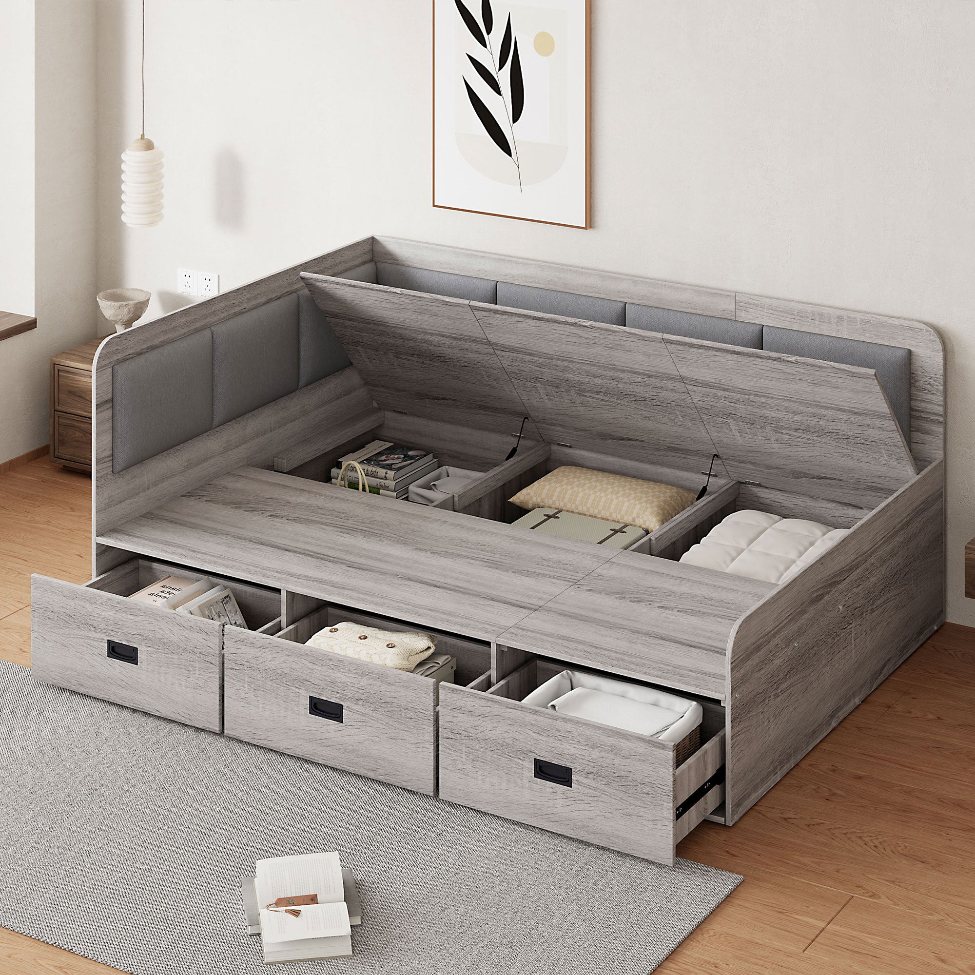 Full Size Daybed with Three Drawers and Three Storage Compartments, Gray